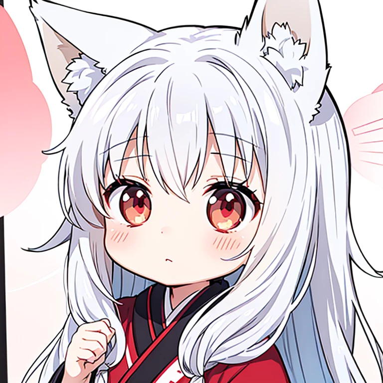 LINE stickers,silver hair,Lady,red eyes,fluffy,kimono,wavy hair,long hair,Less exposure,kind,It's warm,background white,fox ears(white)