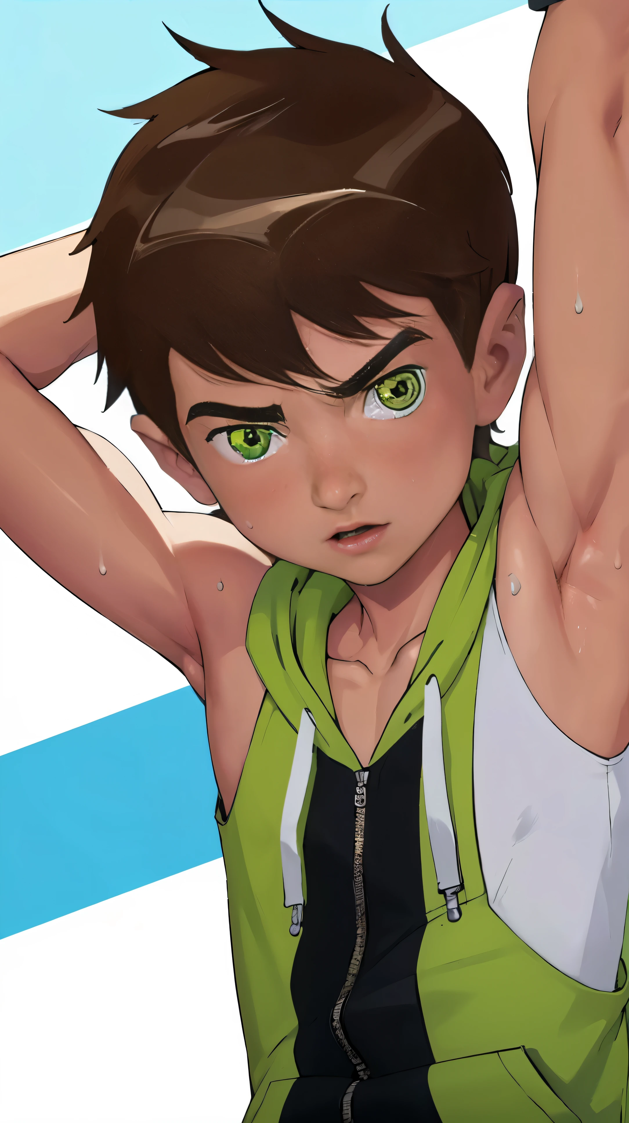 Highres, Masterpiece, Best quality at best,Best Quality,hight quality, hight detailed, 1boy, bentennyson, green eyes, Sleeveless hoodie, Sweat, (showing armpit:1.3), upper body, the day, summer