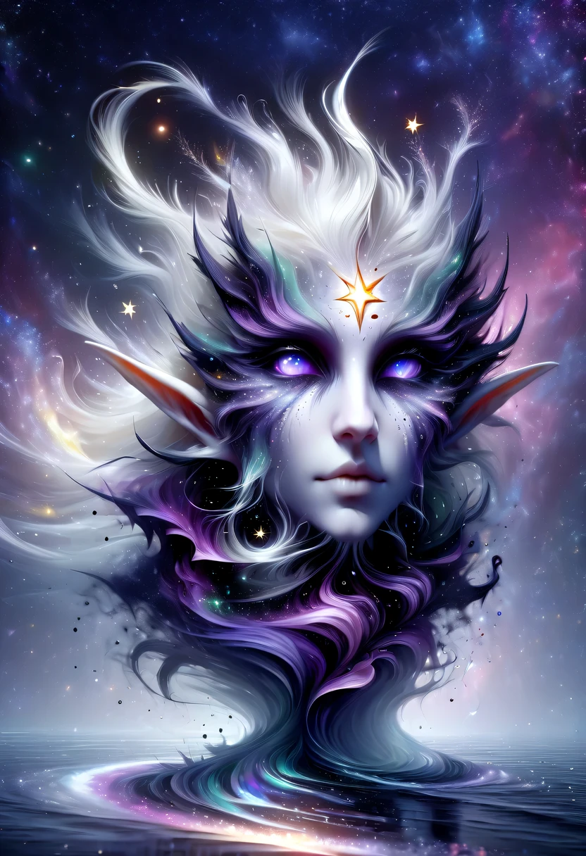 hyper detailed masterpiece, Dynamic, good quality,Liquor_dark,Elf portrait made of colorful stars,Pointy-eared elves,Starlight skirt,blond,water splash