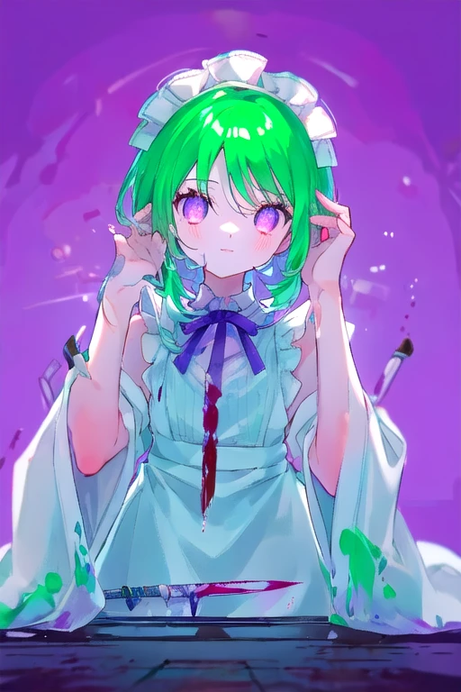 (best quality:1.3),(on the table:1.3),(illustration:1.3),(Super detailed:1.3),(imide shot:0.9),, , , 1 girl in,(((knife))), Blood,arms_up,Blood splattered on clothes,浑身是Blood,barefoot,wet,splashing white liquid,眼角Blood丝,嘴上Blood迹,Blood流,alone,very young,Upper body,short neck,Small,, , from the side,from below,close up,, , , purple eyes,eyes like gems,extremely detailed eyes,The facial details are particularly rich,(smile:0.8),(open mouth:0.3),, , , sewage, hazy water, float, The stench of decay, unforgettable melody, Scattered syringes, The tainted mystery, Abandoned tranquility, forgotten road, Pebble river bed , double tail, maid,green hair,Kneel down
