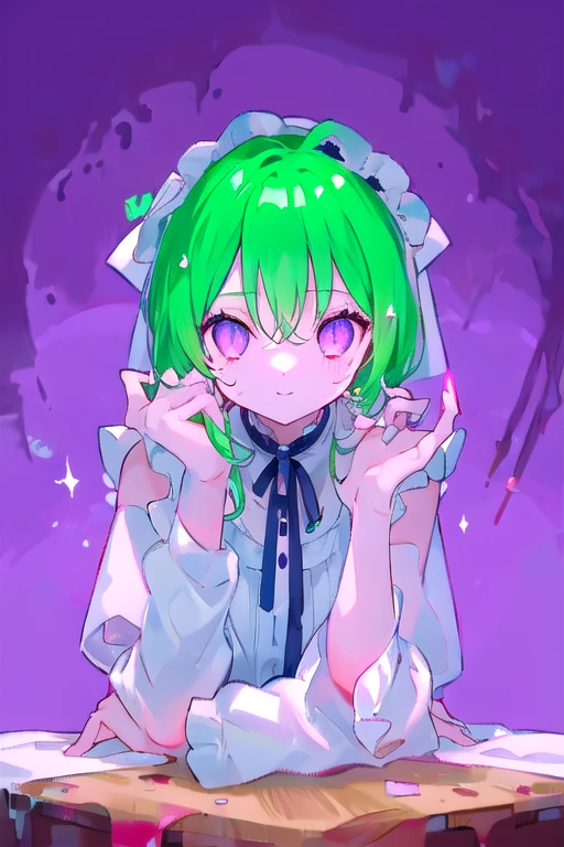 (best quality:1.3),(on the table:1.3),(illustration:1.3),(Super detailed:1.3),(imide shot:0.9),, , , 1 girl in,(((knife))), Blood,arms_up,Blood splattered on clothes,浑身是Blood,barefoot,wet,splashing white liquid,眼角Blood丝,嘴上Blood迹,Blood流,alone,very young,Upper body,short neck,Small,, , from the side,from below,close up,, , , purple eyes,eyes like gems,extremely detailed eyes,The facial details are particularly rich,(smile:0.8),(open mouth:0.3),, , , sewage, hazy water, float, The stench of decay, unforgettable melody, Scattered syringes, The tainted mystery, Abandoned tranquility, forgotten road, Pebble river bed , double tail, maid,green hair,Kneel down