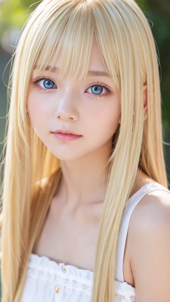 Blonde hair color that changes depending on the lighting、very beautiful face、Very beautiful super long silky shining bright blonde hair、long bangs between the eyes、14 year old cute sexy 、Very beautiful bright and shining sky blue big eyes、blonde hair above the eyes、片blonde hair above the eyes、blonde between the eyes、very big eyes、rich bust、white skin、Shiny skin、gross face、cheek gloss、eyeliner、small face beauty