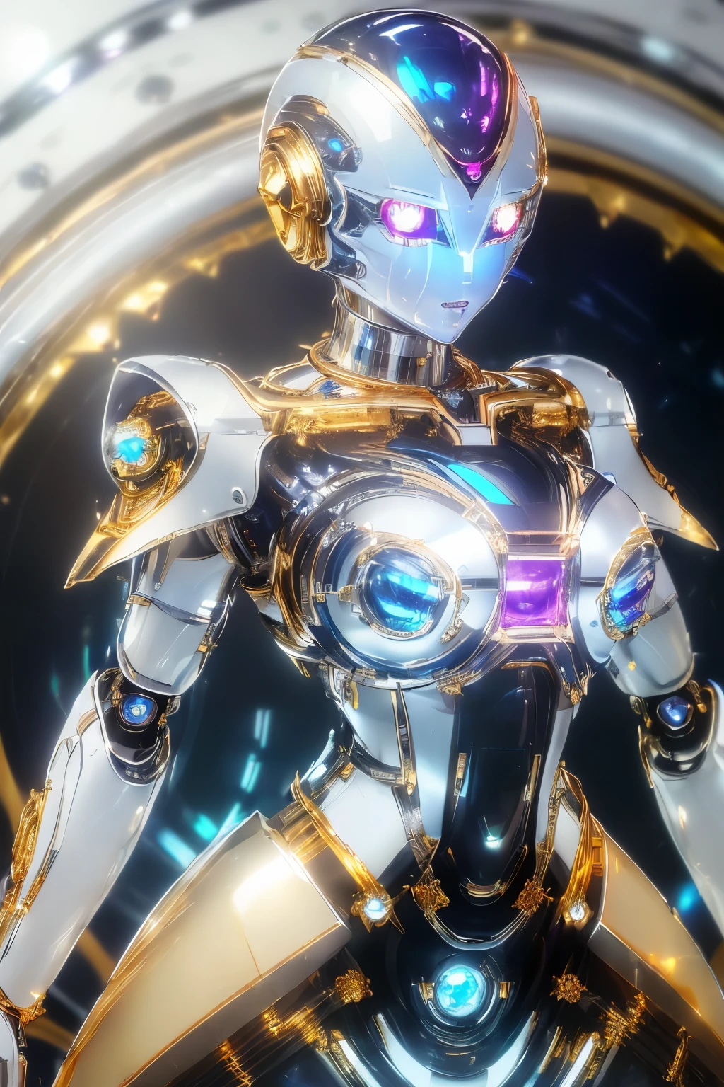best quality, 32k, RAW photo, incredibly absurdres, extremely detailed, robot, streamlined, iridescent white shiny body, one blue sparkling eye, ((material, iridescent, (shiny chrome plated, shiny gold plated, shiny silver plated:1.4), ruby, pink sapphire, blue topaz, emerald, amethyst, diamond, crystal, rainbow moonstone, white opal))