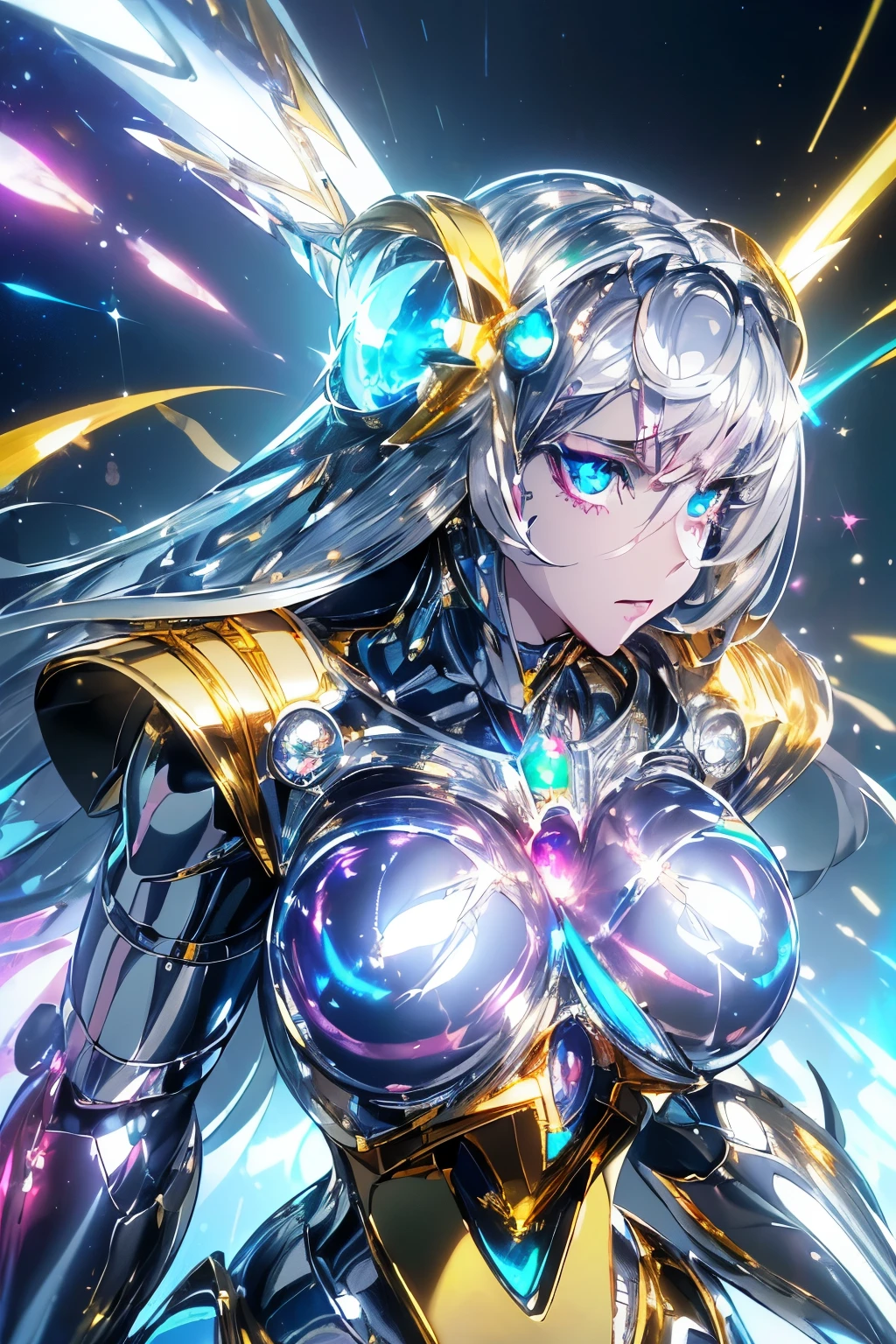 best quality, 32k, RAW photo, incredibly absurdres, extremely detailed, robot, streamlined, iridescent white shiny body, one blue sparkling eye, ((material, iridescent, (shiny chrome plated, shiny gold plated, shiny silver plated:1.4), ruby, pink sapphire, blue topaz, emerald, amethyst, diamond, crystal, rainbow moonstone, white opal))