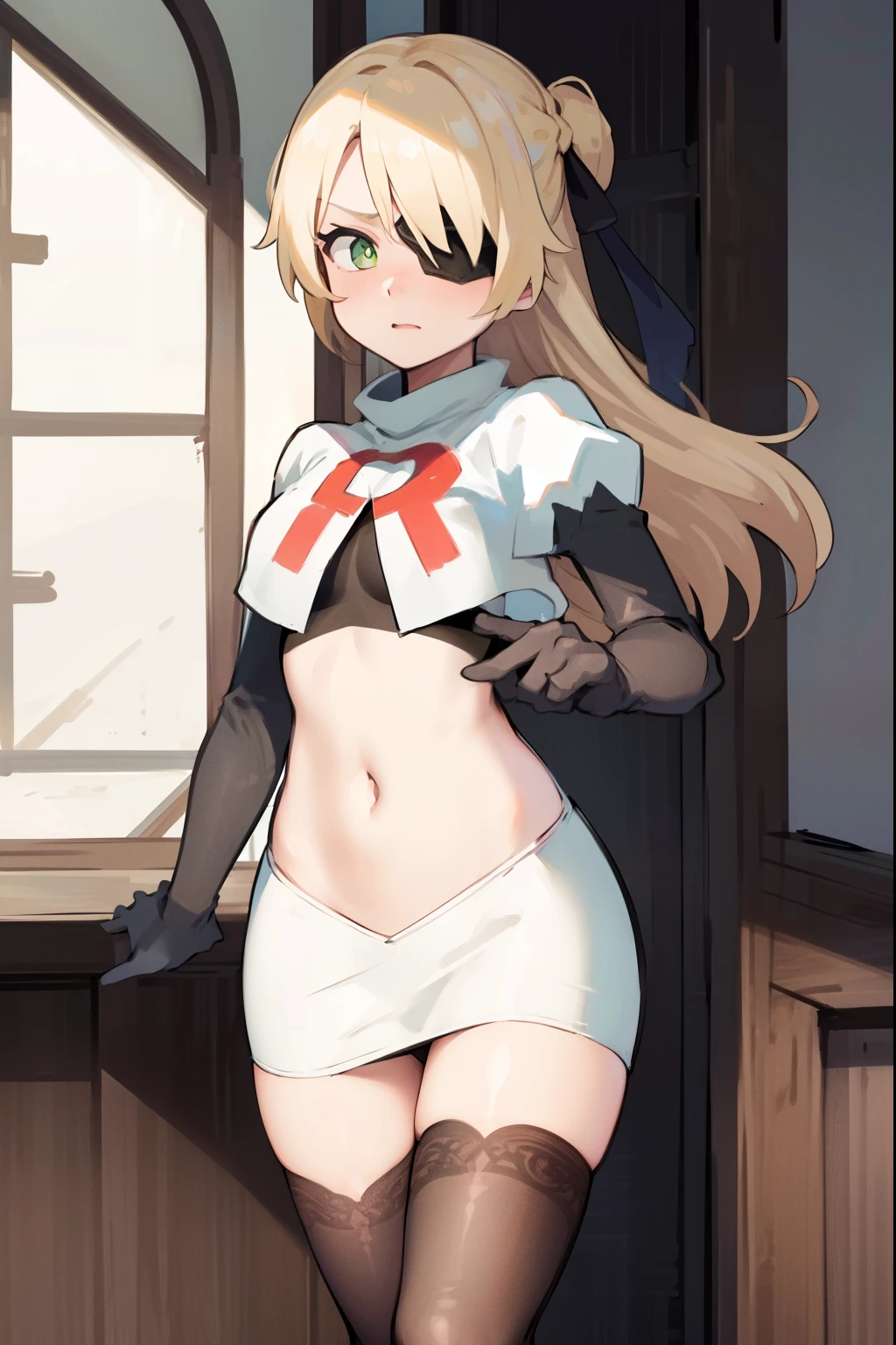 absurdres, fischl (dunkelnacht sakrament) (genshin impact), green eyes, (white pupils:1.2), fischl (genshin impact), medium_breasts, blonde hair, eyepatch, long hair, hair over one eye, bangs, hair ribbon, small breasts, 1girl, team rocket,team rocket uniform,white skirt,red letter R,crop top,black thigh-highs,black elbow gloves, embarrassed, blush