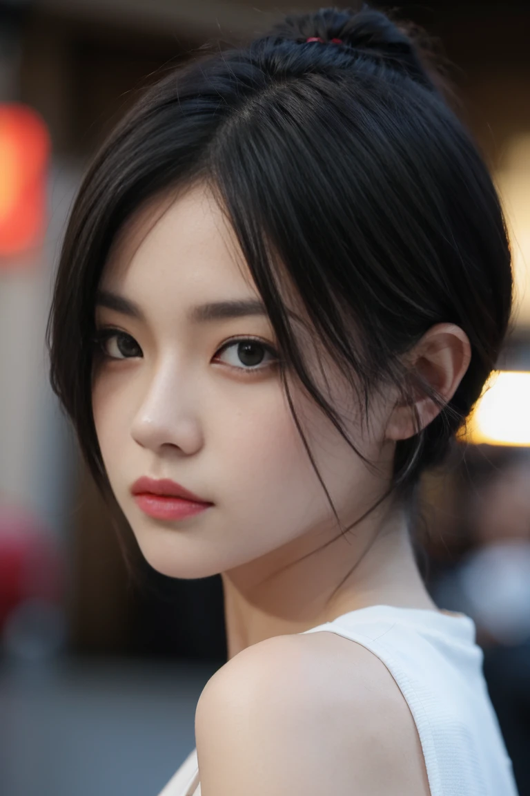 black hair, multicolored hair, short hair, angry, closed mouth, serious, serious, expressionless, anime, anime style, first-person view, Fujifilm, Nikon, cinematic lighting, Fujicolor, masterpiece, best quality, high details
