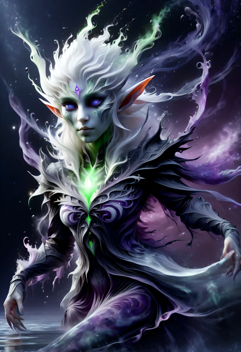 hyper detailed masterpiece, Dynamic, good quality,Liquor_dark，Elf portrait composed of colored liquids，Pointy-eared elves，Starlight skirt，blond，water splash