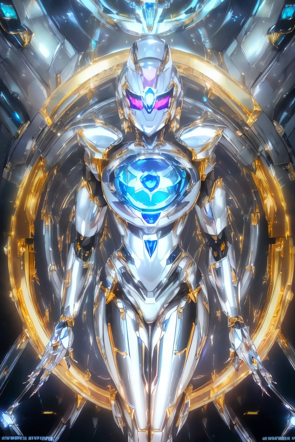 best quality, 32k, RAW photo, incredibly absurdres, extremely detailed, robot, streamlined, iridescent white shiny body, one blue sparkling eye, ((material, iridescent, (shiny chrome plated, shiny gold plated, shiny silver plated:1.4), ruby, pink sapphire, blue topaz, emerald, amethyst, diamond, crystal, rainbow moonstone, white opal))