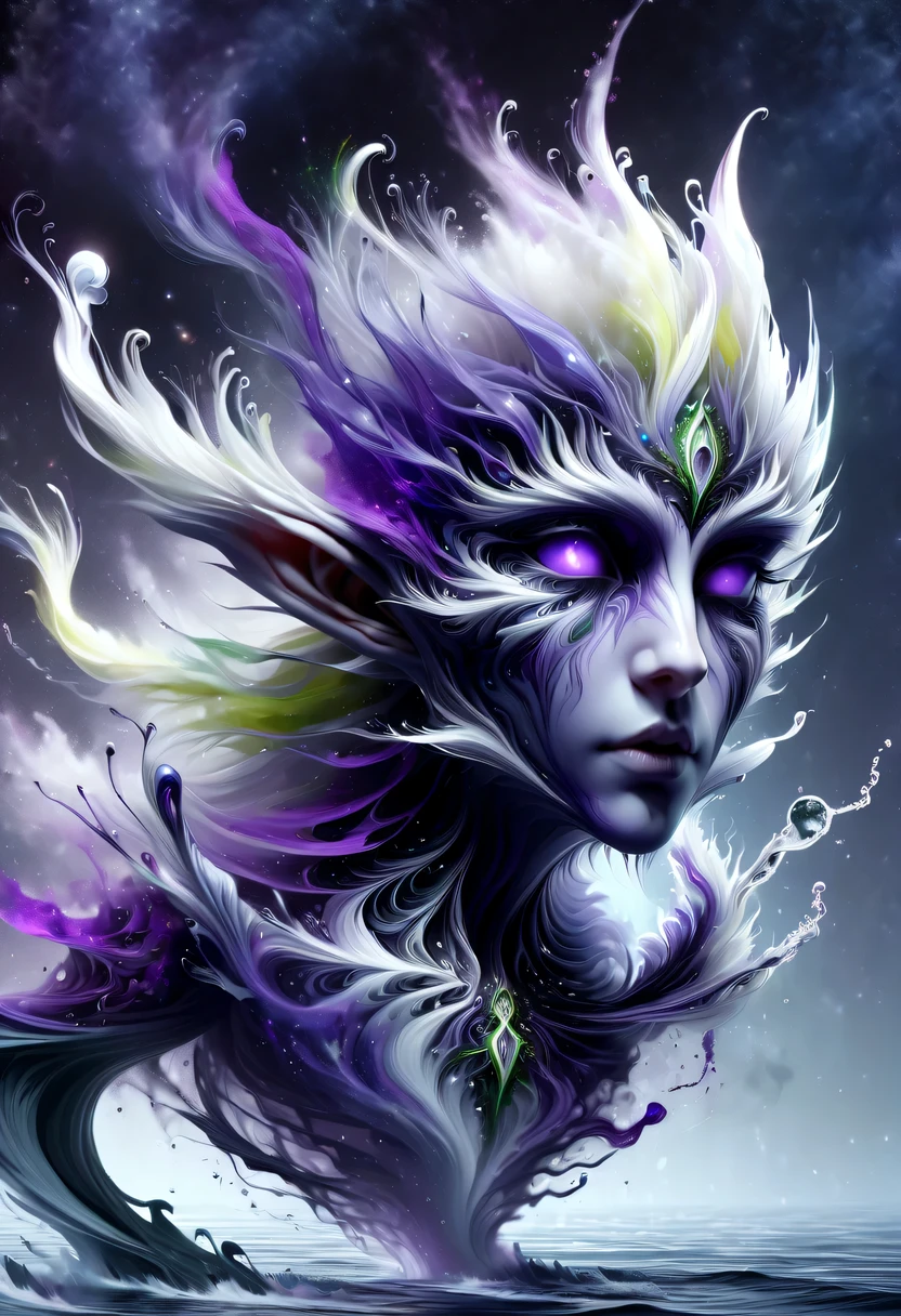 hyper detailed masterpiece, Dynamic, good quality,Liquor_dark，Elf portrait composed of colored liquids，Pointy-eared elves，Starlight skirt，blond，water splash