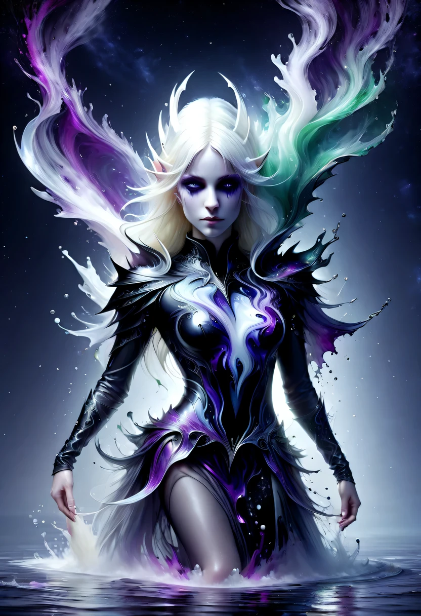 hyper detailed masterpiece, Dynamic, good quality,Floating oversized ethereal female elf portrait DonMW15pXL ，in the jungle，starlight，firefly，dark，Gothic