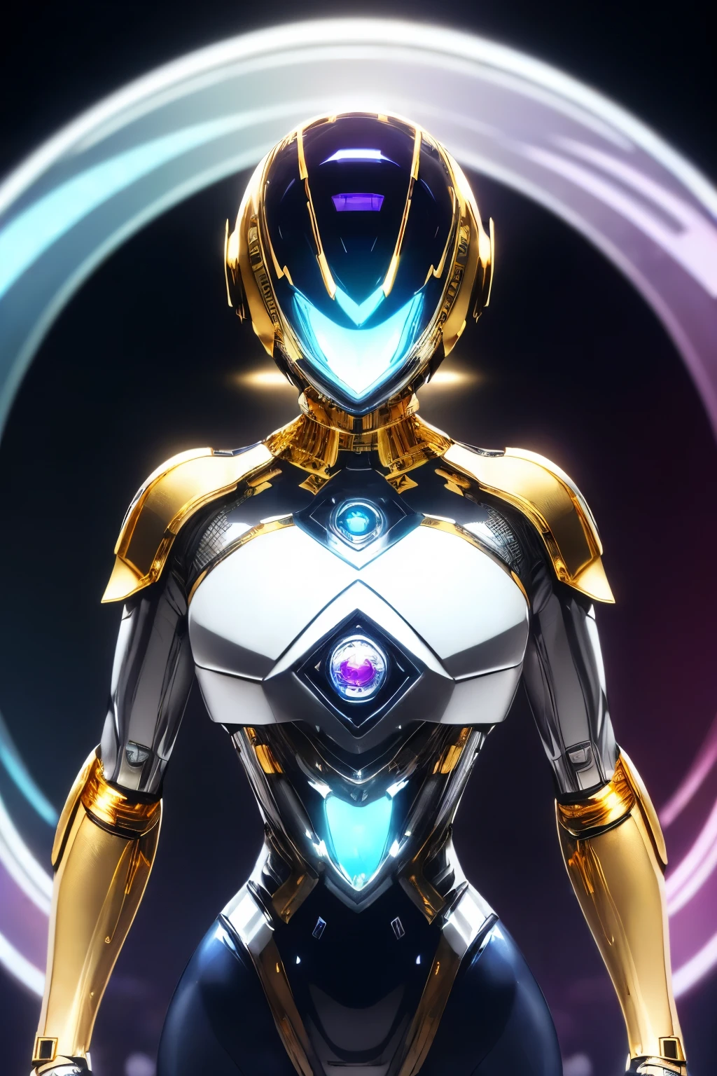 best quality, 32k, RAW photo, incredibly absurdres, extremely detailed, robot, streamlined, iridescent white shiny body, one blue sparkling eye, ((material, iridescent, (shiny chrome plated, shiny gold plated, shiny silver plated:1.4), ruby, pink sapphire, blue topaz, emerald, amethyst, diamond, crystal, rainbow moonstone, white opal))