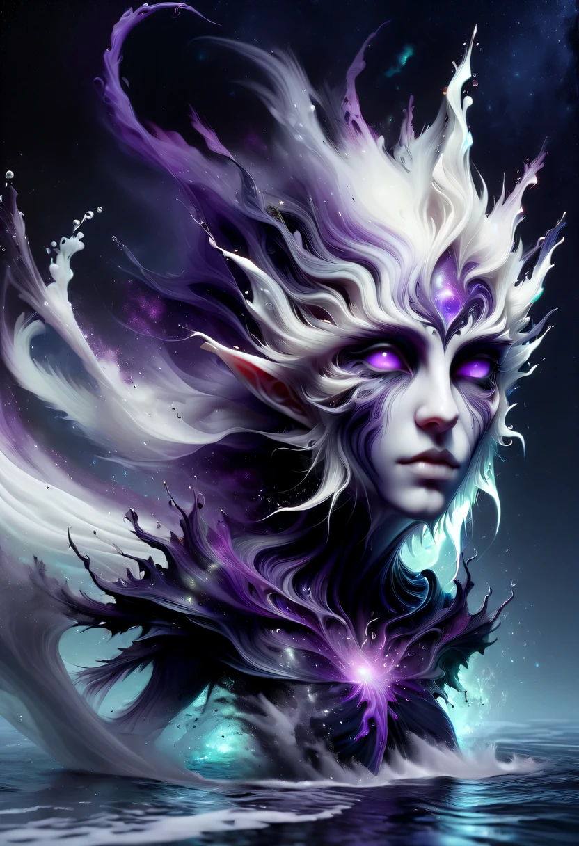 hyper detailed masterpiece, Dynamic, good quality,Liquor_dark,Elf portrait composed of colored liquids,Pointy-eared elves,Starlight skirt,blond,water splash