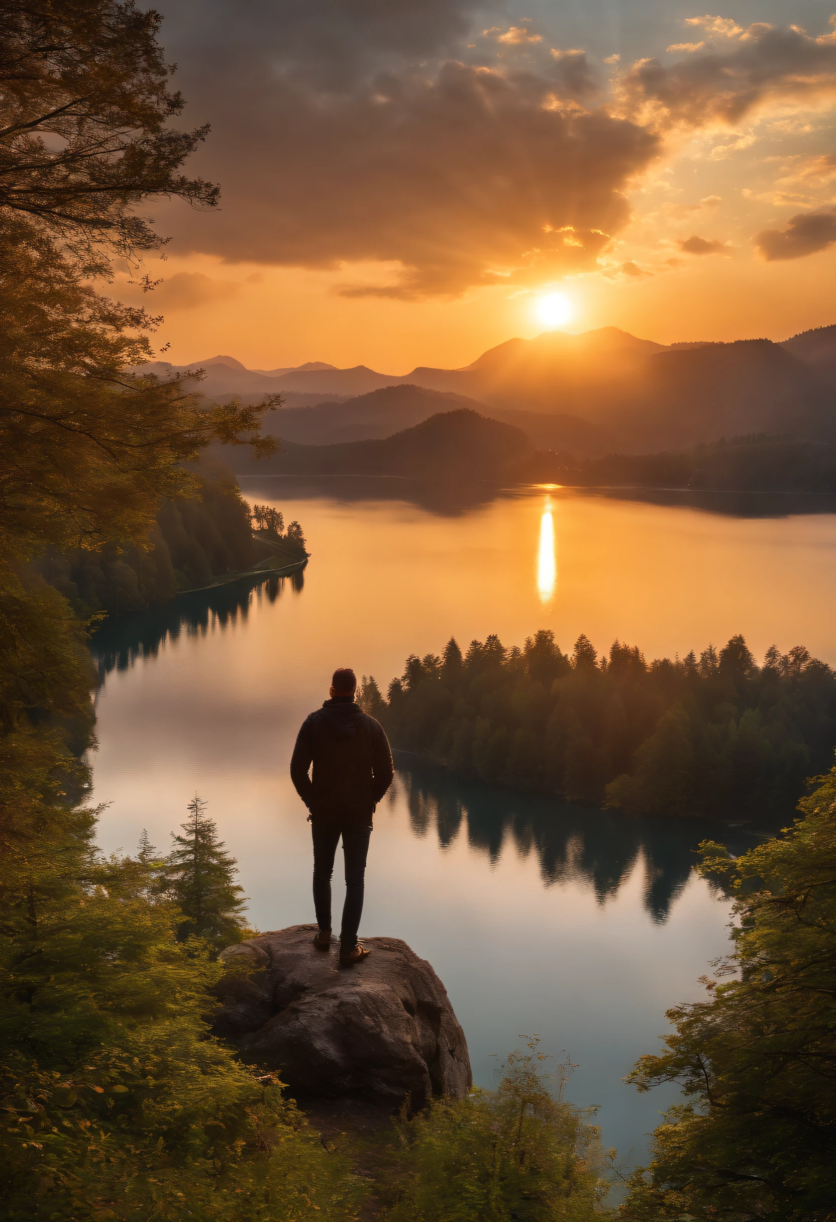high resolution (8k).
Landscape with beautiful sunset.
Viajante no topo da montanha.
harmonia com a natureza.
Um homem em uma conversa profunda com um local.
Reflexo no lago.
Light Shines Through the Trees.
luz natural..
totalmente imerso no momento.