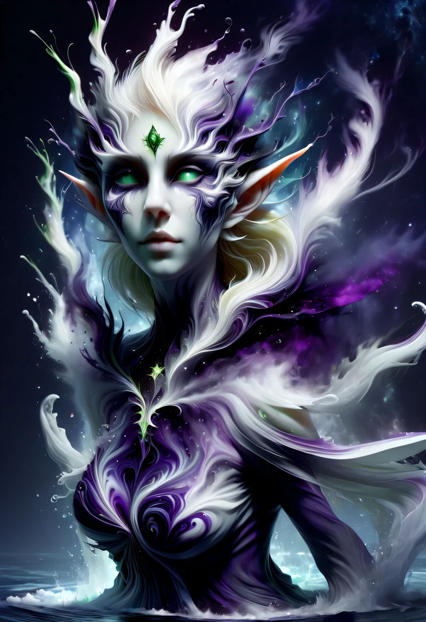 hyper detailed masterpiece, Dynamic, good quality,Liquor_dark，Elf portrait composed of colored liquids，Pointy-eared elves，Starlight skirt，blond，water splash