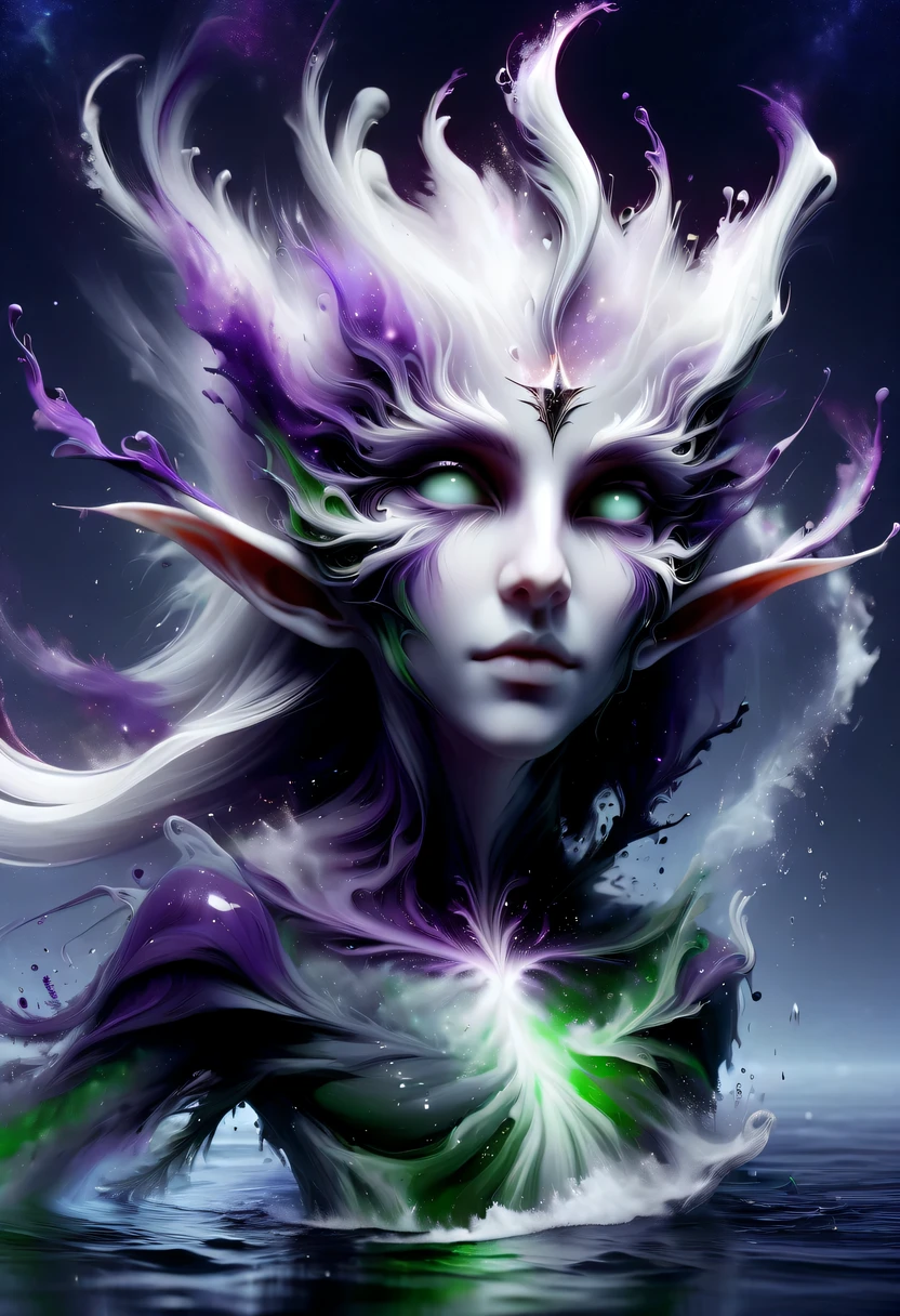 hyper detailed masterpiece, Dynamic, good quality,Floating oversized ethereal female elf portrait DonMW15pXL ，in the jungle，starlight，firefly，dark，Gothic