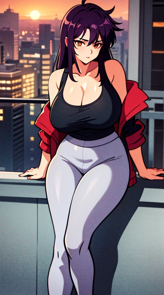 (masterpiece), high-definition, girl, big boobs, cleavage, big hips, messy dark purple hair, orange eyes, grey tanktop, grey leggins, jacket, balcony, leaning on the railing, sunset