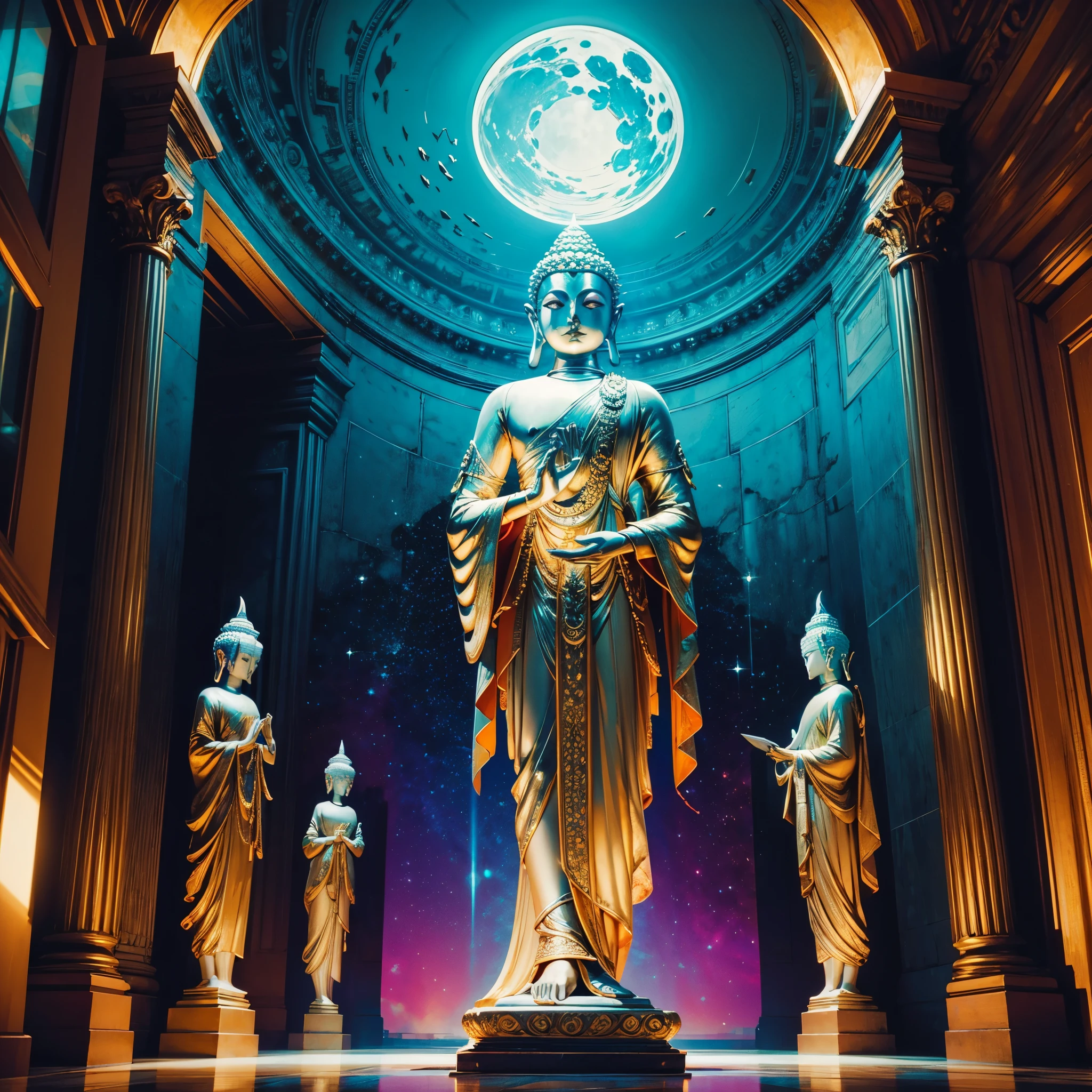 Will-o'-the-wisp dazzling Symmetrical Duddha_Interstellar (Galaxy stars Nebula Spacious Sunrise evening_glow distant_view Sunset rich_colors colorful wide-angle_lens shooting_evening positive_film naturalistic_style)，A highly detailed, futuristic scene with a vibrant color palette and neon lights. The focal point of the scene a magnificent Golden Buddha statue, radiating a sense of peace and tranquility. The statue made of pure gold and shines brightly, reflecting the neon lights around it. The surrounding environment filled with futuristic elements, such as sleek buildings, flying cars, and holographic advertisements. The colors in the scene are intense and vibrant, incorporating shades of blues, purples, pinks, and greens. The neon lights illuminate the surroundings, casting a surreal and vibrant glow. The overall atmosphere both awe-inspiring and serene, blending the traditional beauty of the Golden Buddha with the cutting-edge aesthetics of the future. Everything in the scene highly detailed and realistic, with every intricate feature of the Buddha statue captured flawlessly. The lighting carefully designed to highlight the beauty of the statue and create a mesmerizing ambiance.optimal bright_color dappled_sunLight meticulously intricate ultra_high-details ultra_high-res hyper pro-Photo-realistic ultra_high-quality ultra_high-def UHD XT3 DSLR HDR extreme improved Octane-rendered opengl-shaders glsl-shader romm rgb pbr shading 3DCG fxaa global illumination cgi vfx sfx fkaa txaa rtx ssao post-processing post-production cell-shading tone-mapping Ultra_sharpness focus accurate max saturate reflex analogique Vivid DSLR color-coded luminescence volumetric Cinematic_Sunrise lightning contrast incandescent Cristallines floraison zentangle fleuraison varied multi etc. --s 1000 --c 20 --q 20 --chaos 100