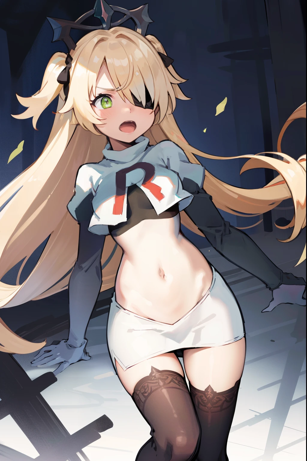 absurdres, fischl (dunkelnacht sakrament) (genshin impact), green eyes, (white pupils:1.2), fischl (genshin impact), medium_breasts, blonde hair, eyepatch, long hair, hair over one eye, bangs, hair ribbon, small breasts, 1girl, team rocket,team rocket uniform,white skirt,red letter R,crop top,black thigh-highs,black elbow gloves, evil laugh, blush
