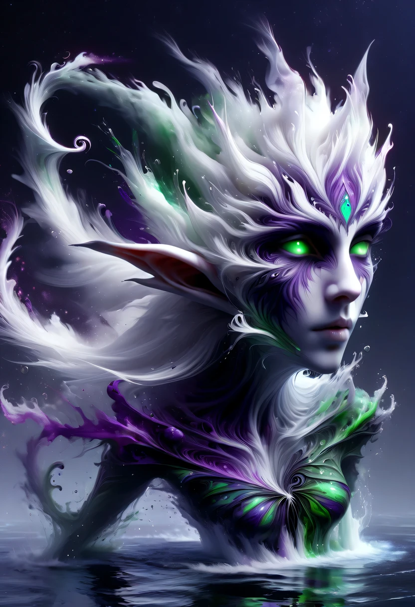 hyper detailed masterpiece, Dynamic, good quality,Liquor_dark，Elf portrait composed of colored liquids，Pointy-eared elves，Starlight skirt，blond，water splash