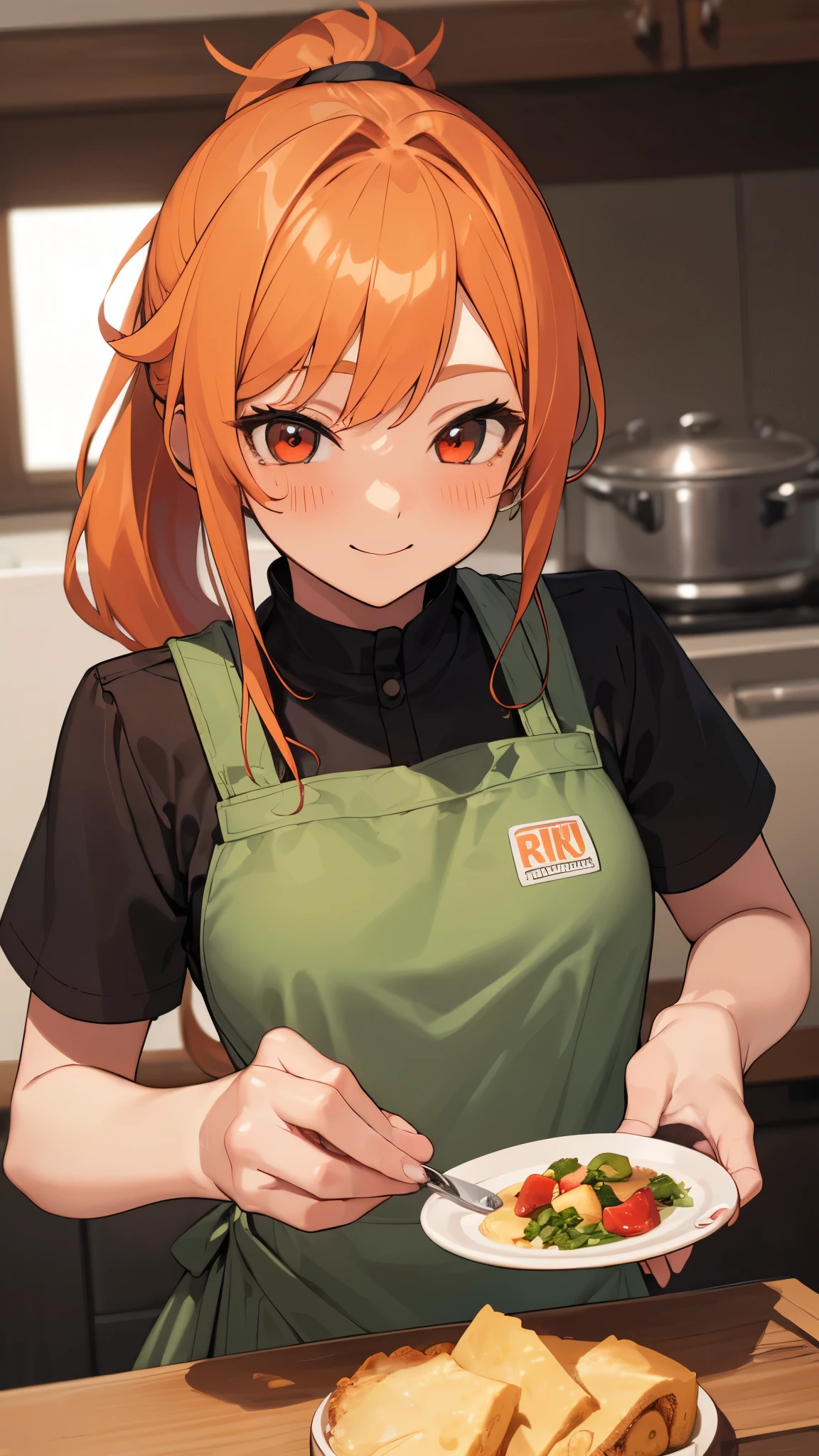 1 girl、solo、kitchenで料理をしている、plate of delicious food、apron、ponytail、orange hair、round red eyes、Blushing cheeks、smile、((kitchen))、tomboy、boyish、Clothes based on green and orange colors、upper body close-up、highest quality、masterpiece