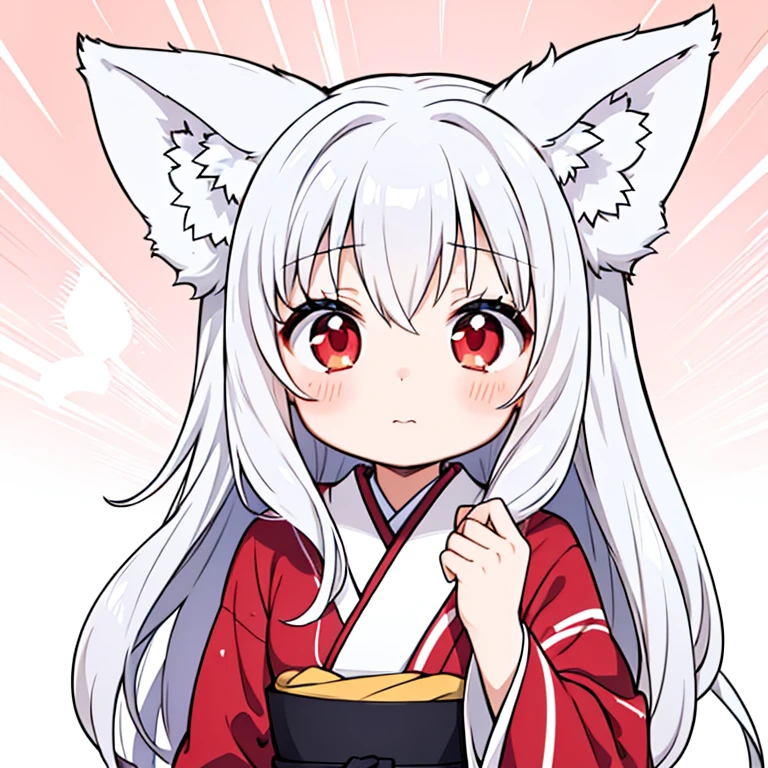 LINE stickers,silver hair,Lady,red eyes,fluffy,kimono,wavy hair,long hair,kind,It&#39;s warm,background white,fox ears（white）,Sex