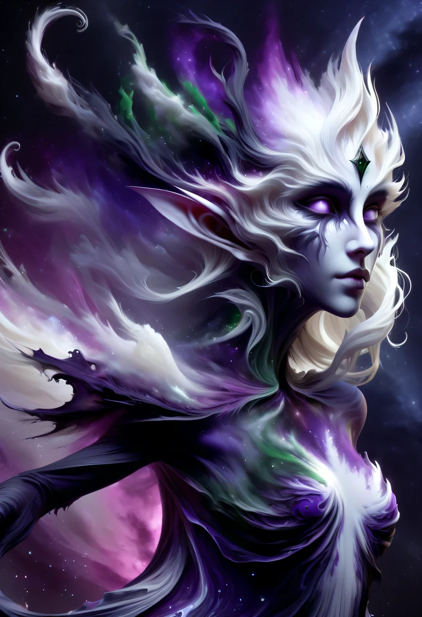 hyper detailed masterpiece, Dynamic, good quality,Liquor_dark,Elf portrait composed of colored liquids,Pointy-eared elves,Starlight skirt,blond