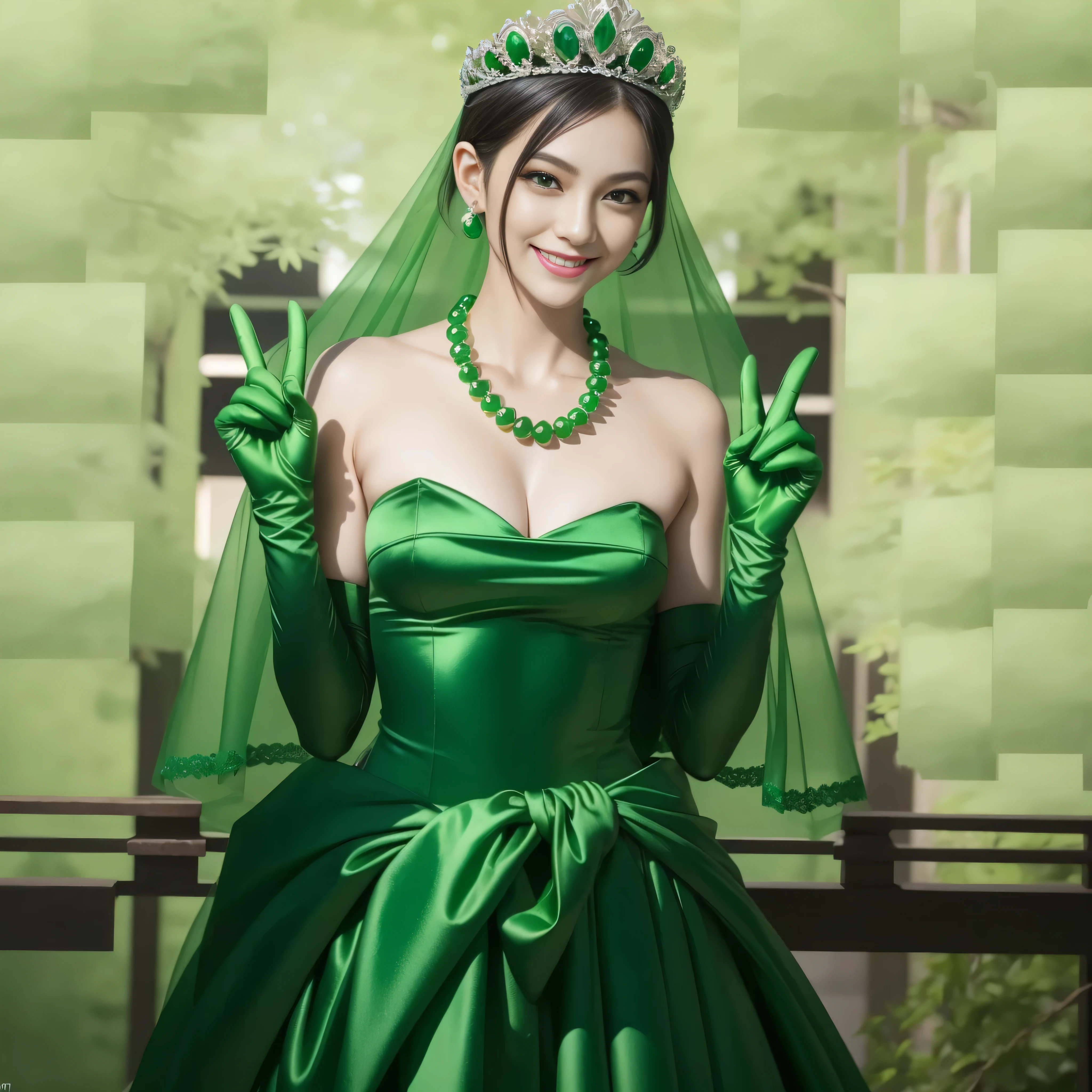 emerald tiara, green pearl necklace, boyish very short green hair, lipstick, smiling Japanese woman, very short hair, big breasts beautiful, green eyes, Long green satin gloves, green eyes, V sign, emerald earrings, green veil
