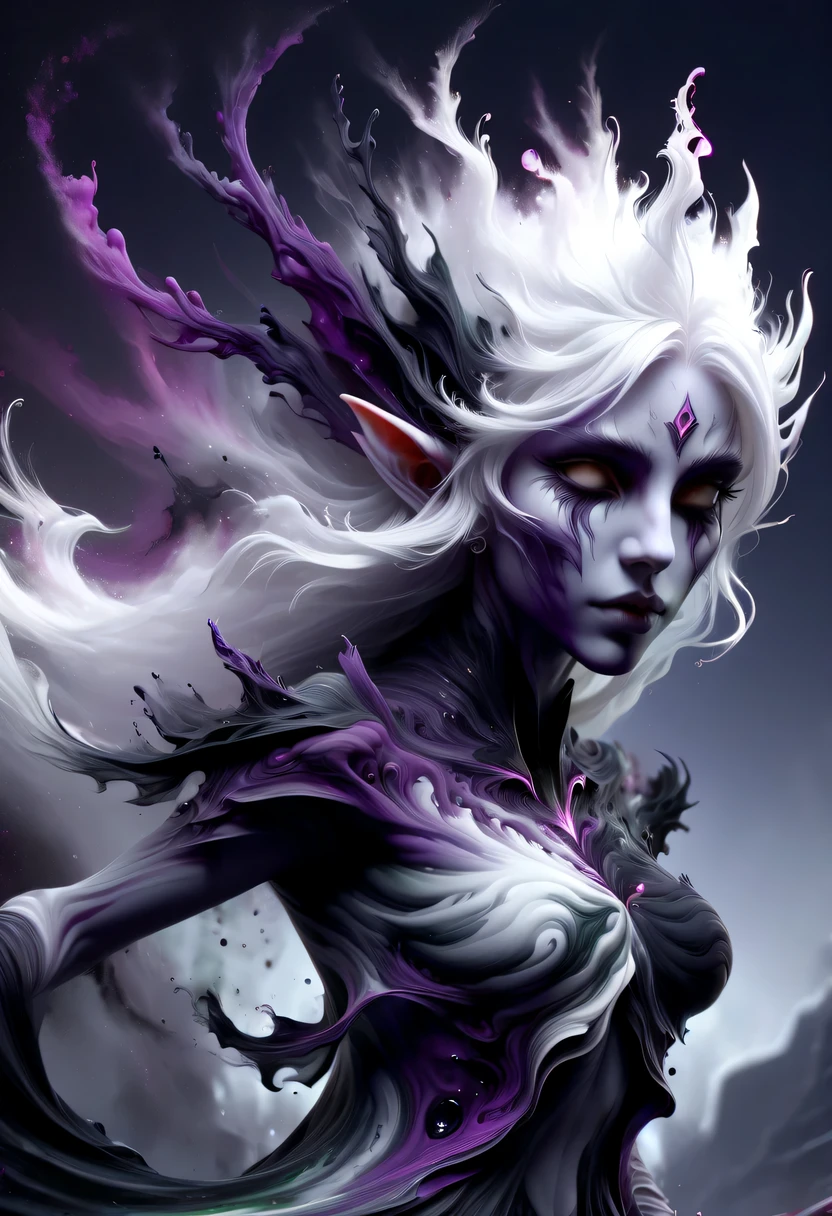 hyper detailed masterpiece, Dynamic, good quality,Liquor_dark,Elf portrait composed of colored liquids,Pointed ear elvelack skirt,white hair