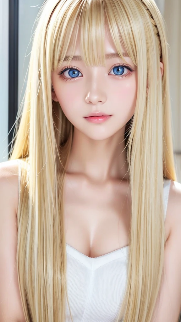 Blonde hair color that changes depending on the lighting、very beautiful face、Very beautiful super long silky shining bright blonde hair、long bangs between the eyes、14 year old cute sexy little 14 year old girl、Very beautiful bright and shining sky blue big eyes、blonde hair above the eyes、片blonde hair above the eyes、blonde between the eyes、very big eyes、rich bust、white skin、Shiny skin、gross face、cheek gloss、eyeliner、小顔美人とても白い若くて明るいShiny skin、