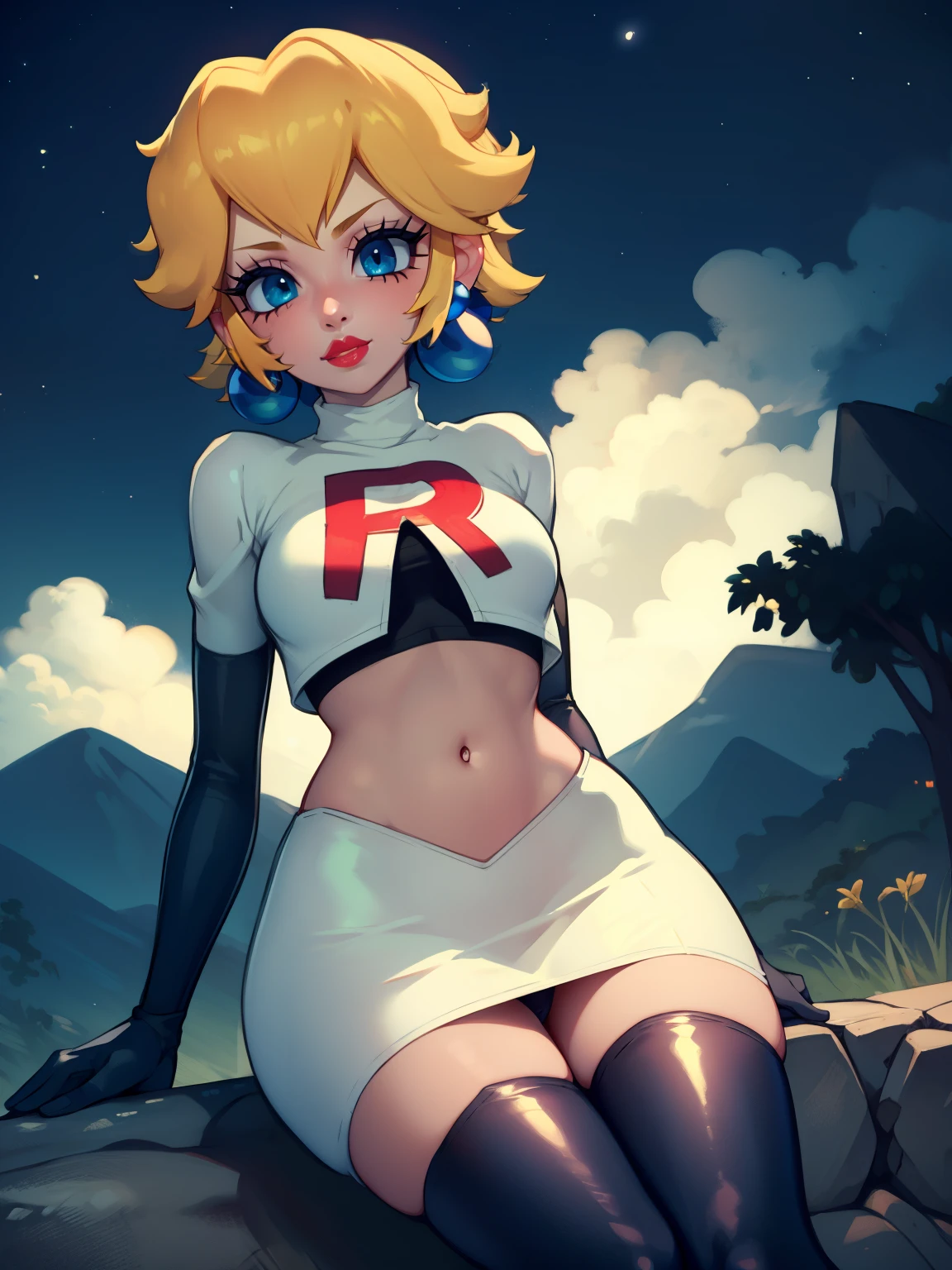 princess_peach ,earrings ,red lipstick, blue eye shadow, heavy makeup ,team rocket uniform, red letter R, white skirt,white crop top,black thigh-high boots, black elbow gloves, evil smile, looking down on viewer, sitting down ,legs crossed, night sky background