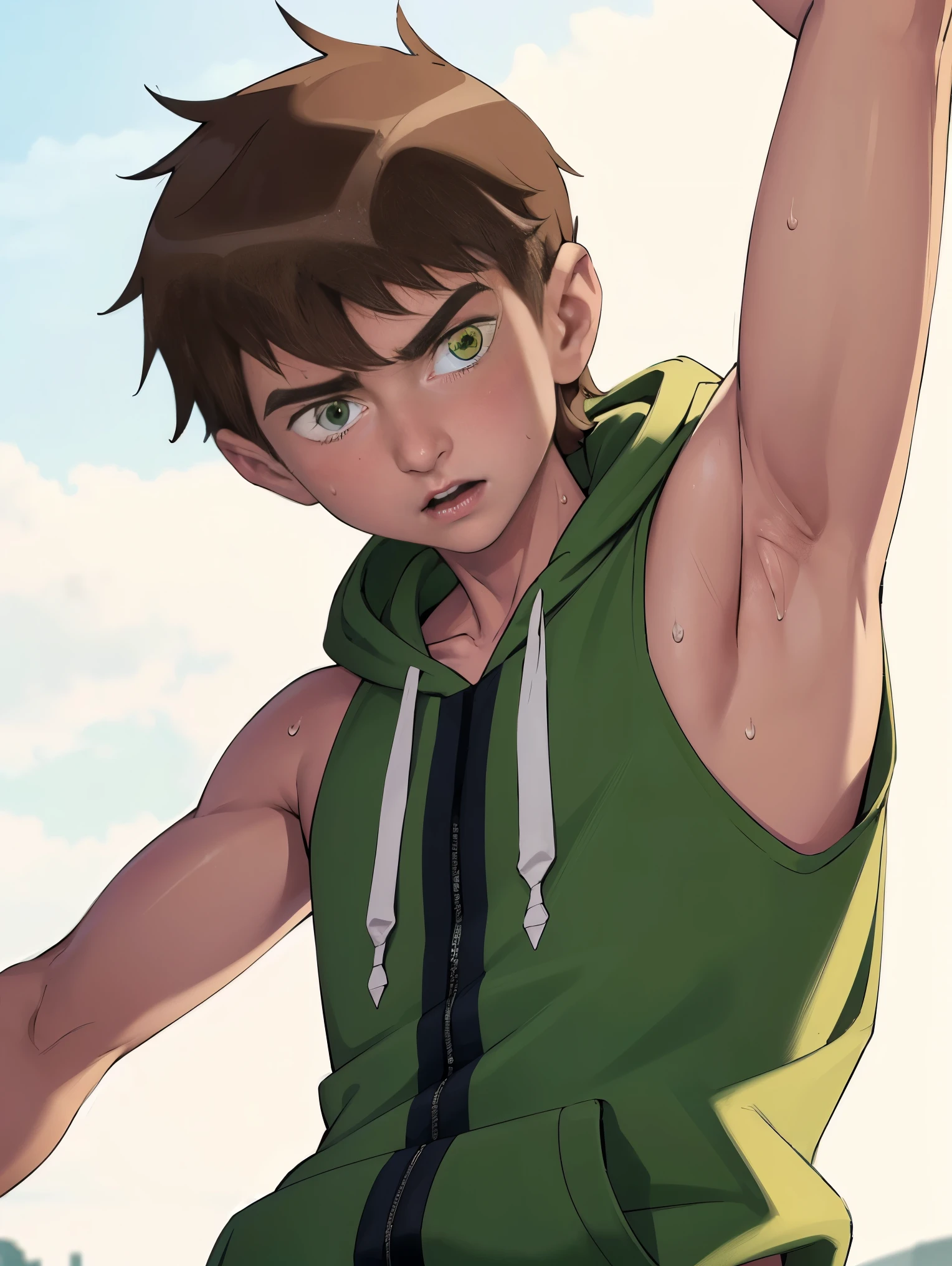 Highres, Masterpiece, Best quality at best,Best Quality,hight quality, hight detailed, 1boy, bentennyson, green eyes, Sleeveless hoodie, Sweat, (showing armpit:1.3), upper body,  the day, summer, Smooth image