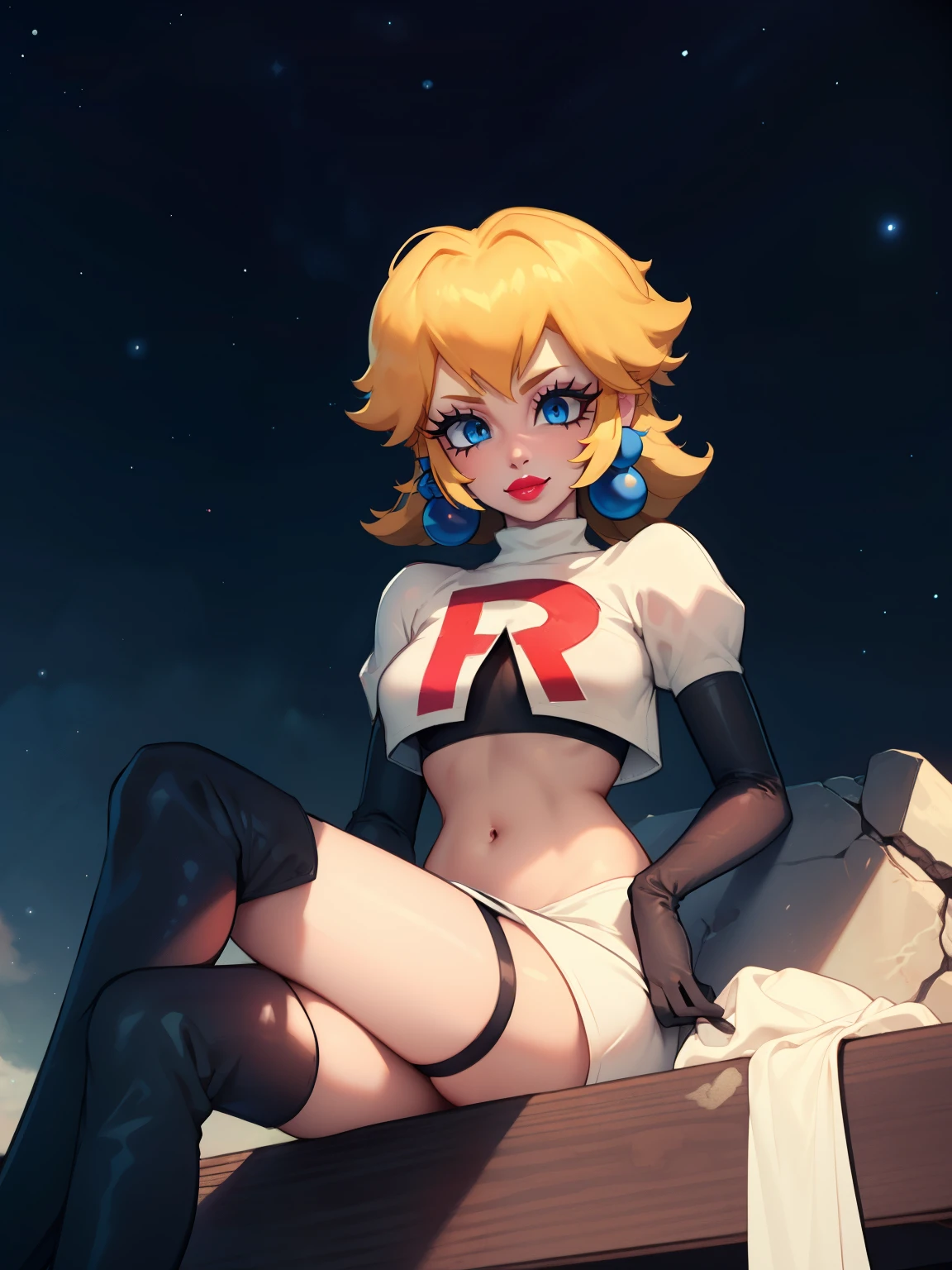 princess_peach ,earrings ,red lipstick, blue eye shadow, heavy makeup ,team rocket uniform, red letter R, white skirt,white crop top,black thigh-high boots, black elbow gloves, evil smile, looking down on viewer, sitting down ,legs crossed, night sky background