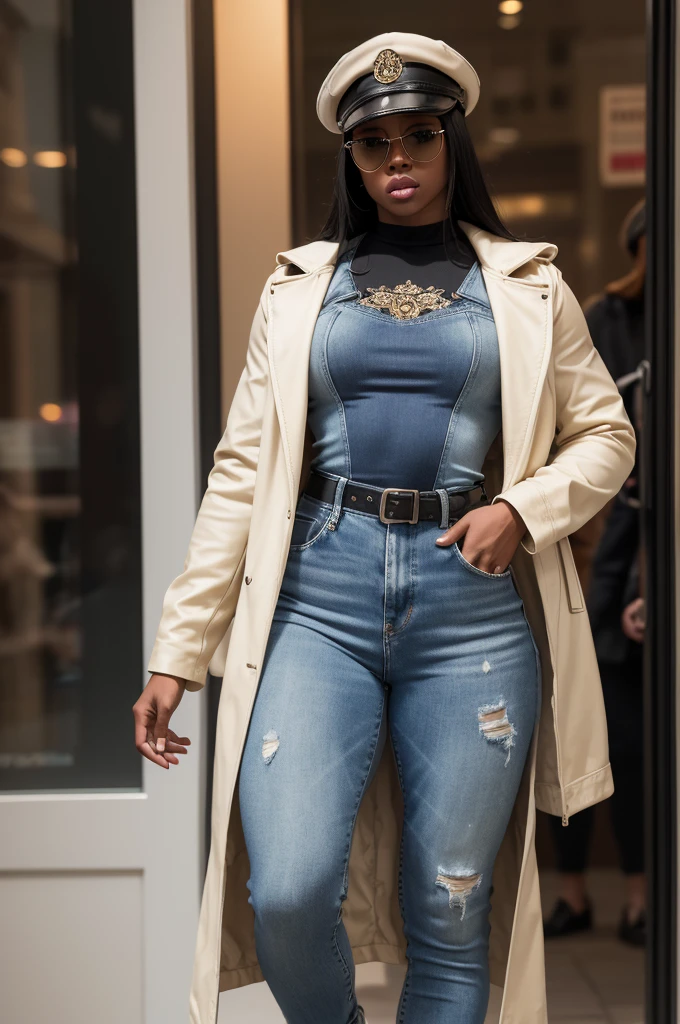 Aaliyah who is a bodybuilder. She is wearing denim long pants with cream long coat, sunglass with beret in latex boots. She is walking out of the boutique store front door, (masterpiece:1.2) (photorealistic:1.2) (best quality) (intricate details) (8K) (high poly) (ray tracing), (sharp focus), (natural skin textures), ((full body shot)),