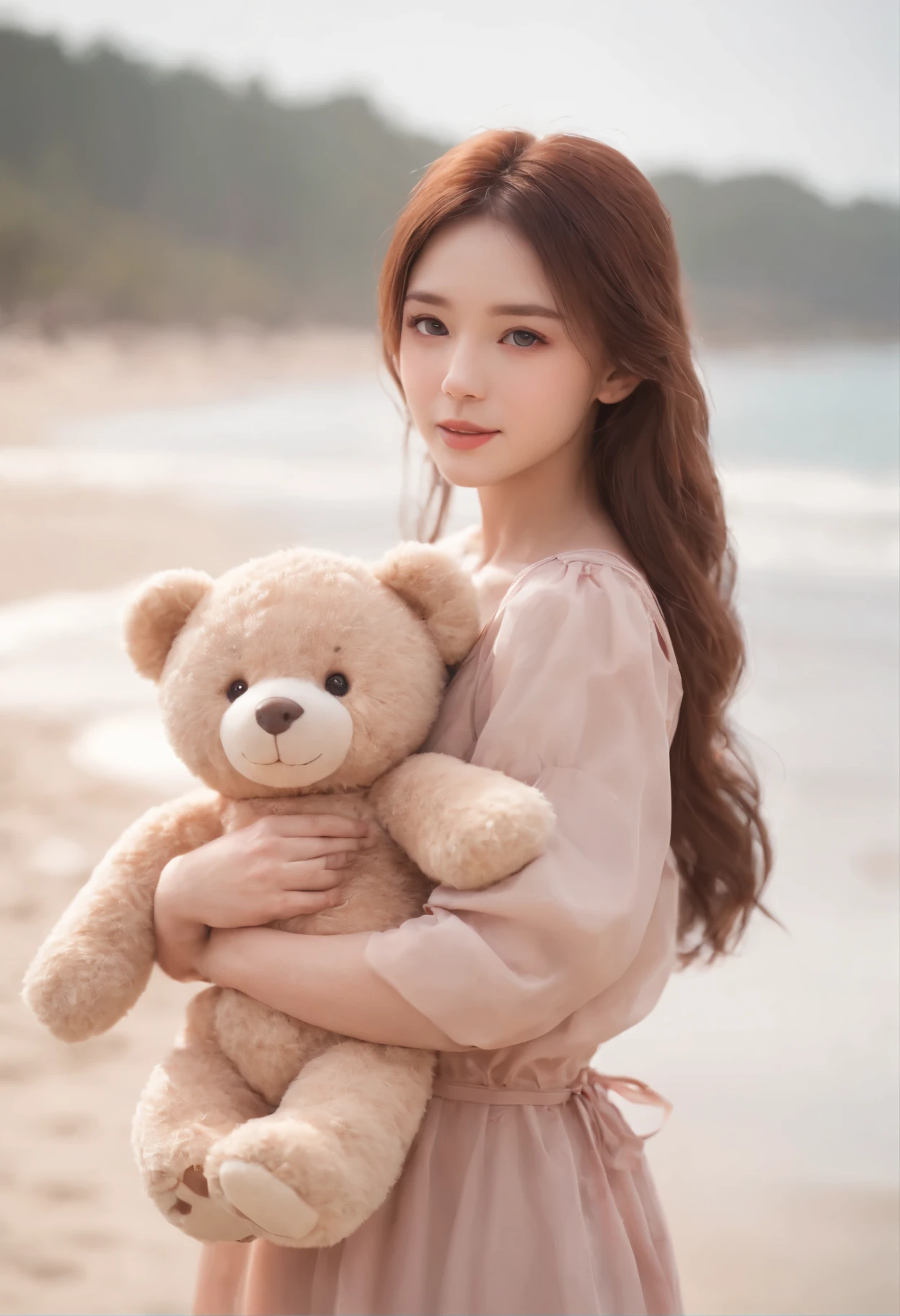 there is a woman holding a teddy bear on the beach, kawaii realistic portrait, cute anime girl, anime visual of a cute girl, smooth anime cg art, artwork in the style of guweiz, portrait of cute anime girl, cute portrait, beautiful anime portrait, beautiful anime girl, cute anime girl portrait, realistic anime 3 d style