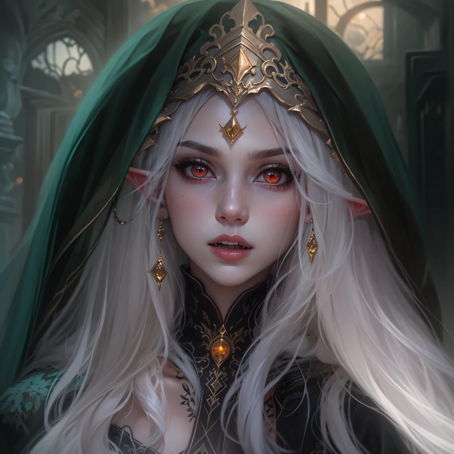 a beauty、Charming and mysterious elf vampire,portrait,(She has long flowing hair,Sharp red eyes,pale skin,elf ears,sharp fangs),(Wear noble clothes),gold jewelry,Tough yet elegant,(There something in the mouth,Summoning lost souls),(Capturing the essence of darkness and)in this piece(Dark and Gothic)in art。(best quality,high resolution,masterpiece:1.2),(Super fine,clear focus),(lifelike,照片lifelike度:1.37),(bright colors,deep shadow),(With hints of crimson and deep purple),(Illuminated by moonlight),Ancient site background,led to this scene(Ethereal beauty and unforgettable atmosphere)。