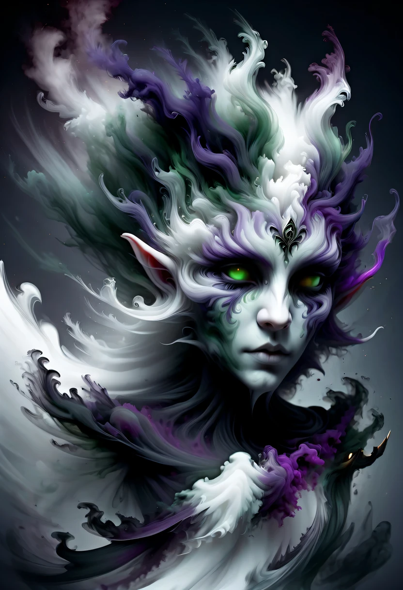hyper detailed masterpiece, Dynamic, good quality,Liquor_dark，Elf portrait composed of colored smoke，1 pointy-eared elf，black skirt，white hair