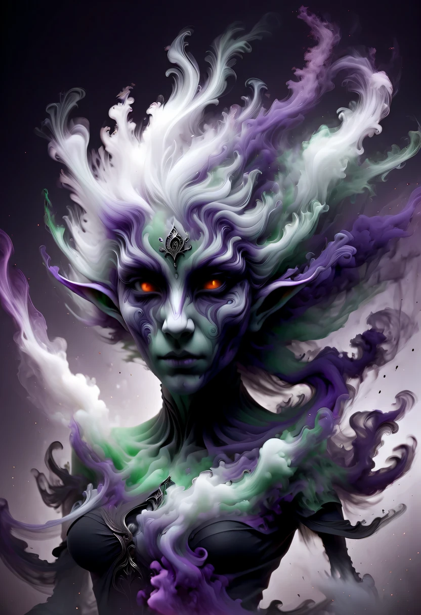 hyper detailed masterpiece, Dynamic, good quality,Liquor_dark,Elf portrait composed of colored smoke,1 pointy-eared elf,black skirt,white hair