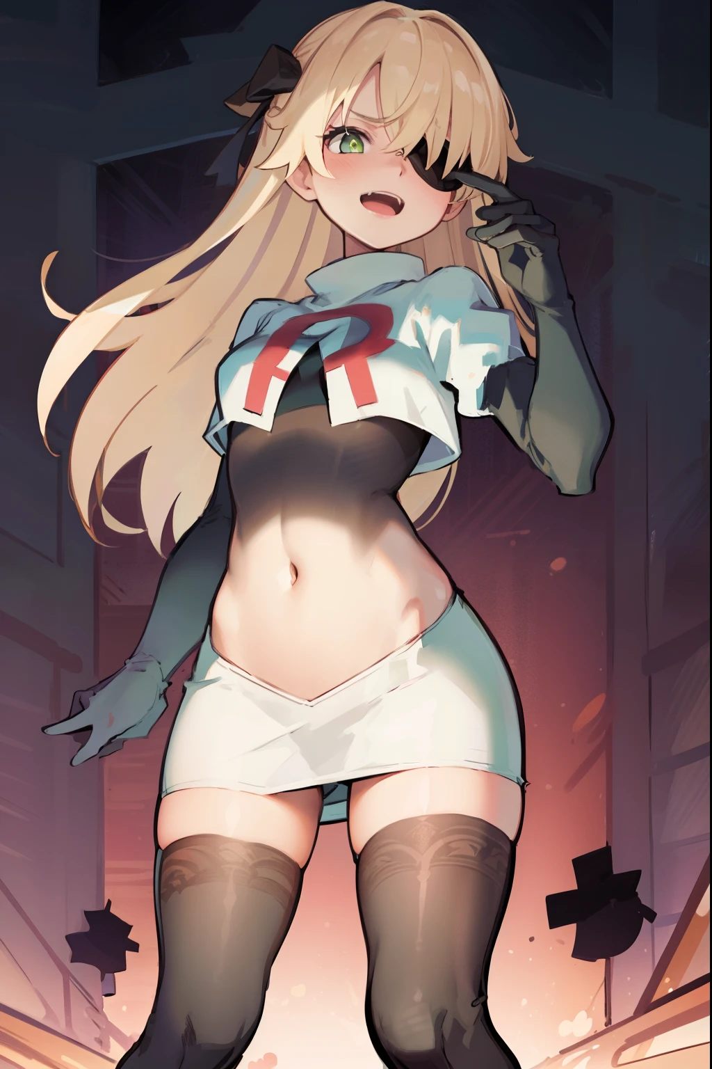 absurdres, fischl (dunkelnacht sakrament) (genshin impact), green eyes, (white pupils:1.2), fischl (genshin impact), medium_breasts, blonde hair, eyepatch, long hair, hair over one eye, bangs, hair ribbon, small breasts, 1girl, team rocket,team rocket uniform,white skirt,red letter R,crop top,black thigh-highs,black elbow gloves, laughing, happy, blush