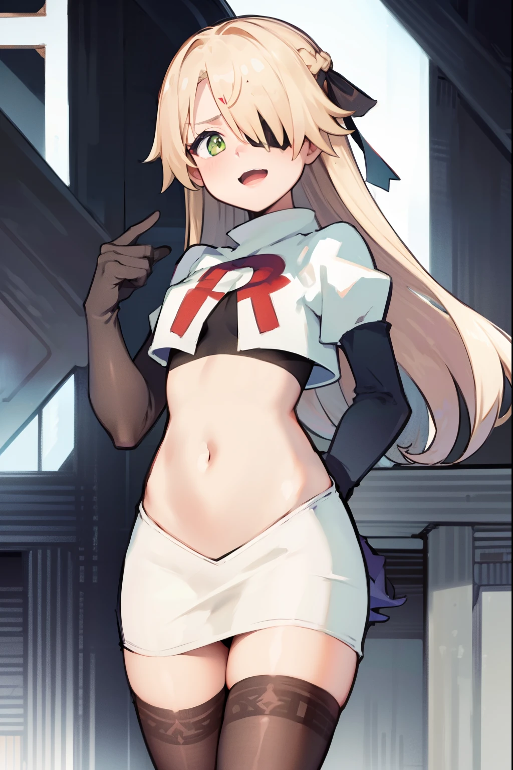 absurdres, fischl (dunkelnacht sakrament) (genshin impact), green eyes, (white pupils:1.2), fischl (genshin impact), medium_breasts, blonde hair, eyepatch, long hair, hair over one eye, bangs, hair ribbon, small breasts, 1girl, team rocket,team rocket uniform,white skirt,red letter R,crop top,black thigh-highs,black elbow gloves, laughing, happy, blush