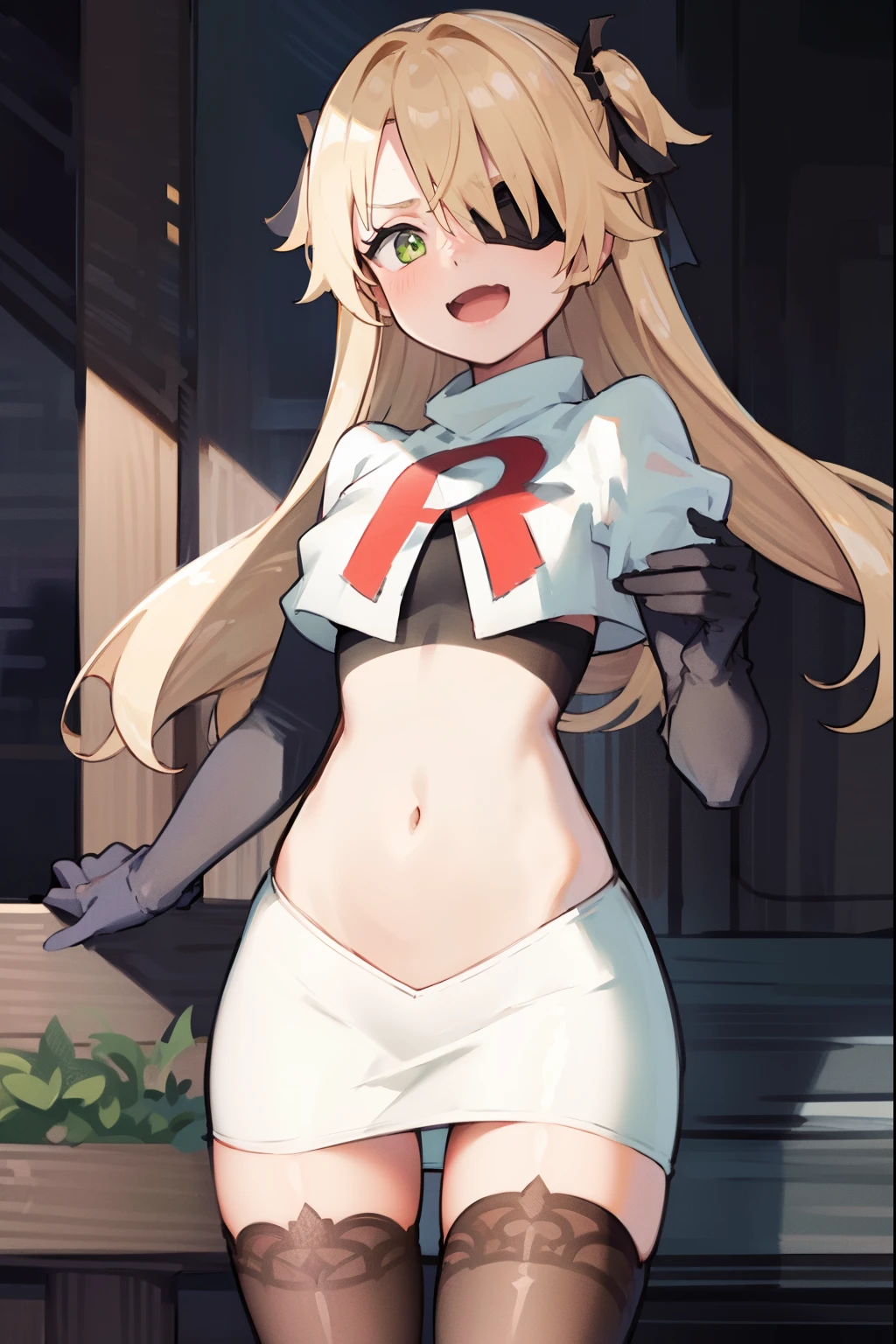 absurdres, fischl (dunkelnacht sakrament) (genshin impact), green eyes, (white pupils:1.2), fischl (genshin impact), medium_breasts, blonde hair, eyepatch, long hair, hair over one eye, bangs, hair ribbon, small breasts, 1girl, team rocket,team rocket uniform,white skirt,red letter R,crop top,black thigh-highs,black elbow gloves, laughing, happy, blush
