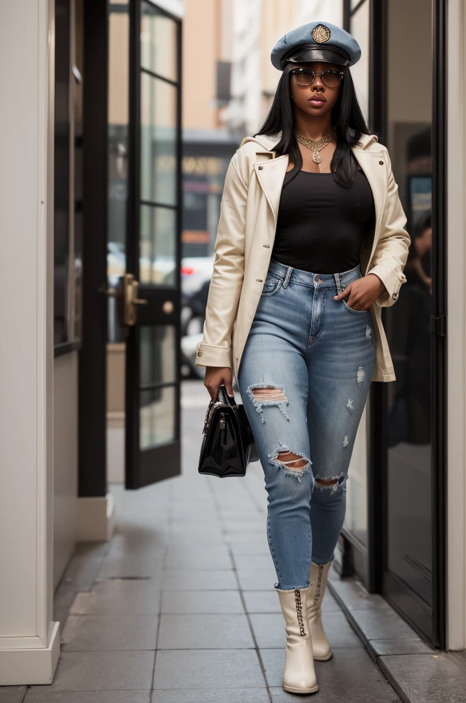 Aaliyah who is a bodybuilder. Denim pants, cream long coat, sunglass, beret, latex boots. She is walking out of the boutique store front door, (masterpiece:1.2) (photorealistic:1.2) (best quality) (intricate details) (8K) (high poly) (ray tracing), (sharp focus), (natural skin textures), ((full body shot)),