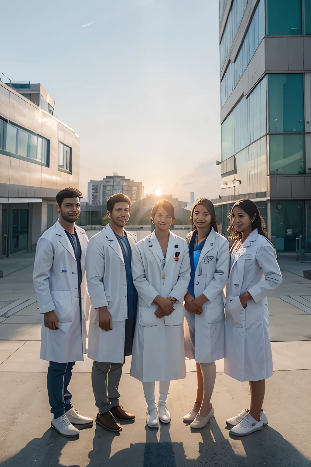a group of 5 young male and female medical doctors, diversity, rising sun in background, inspirational, proud, clean glass medical building, modern, white medical coat, bright morning