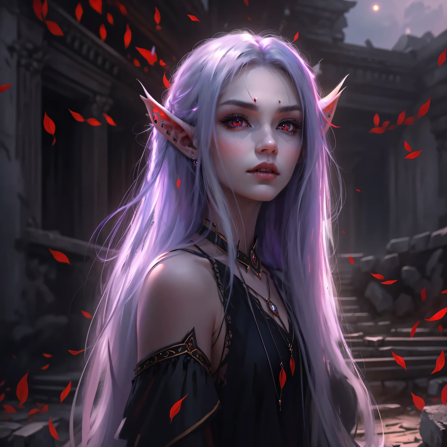 Mysterious elf vampire，portrait，She has long flowing hair，Sharp red eyes，pale skin，（elf ears），（Showing long fangs），Wear noble clothing and jewelry，Tough yet elegant，in this piece（Dark and Gothic）in art。（best quality，high resolution，masterpiece：1.2），（Super fine，clear focus），（lifelike，照片lifelike度：1.37），（bright colors，deep shadow），（With hints of crimson and deep purple），Illuminated by moonlight，Ancient site background，Bringing out the ethereal beauty and haunting atmosphere of this scene。
