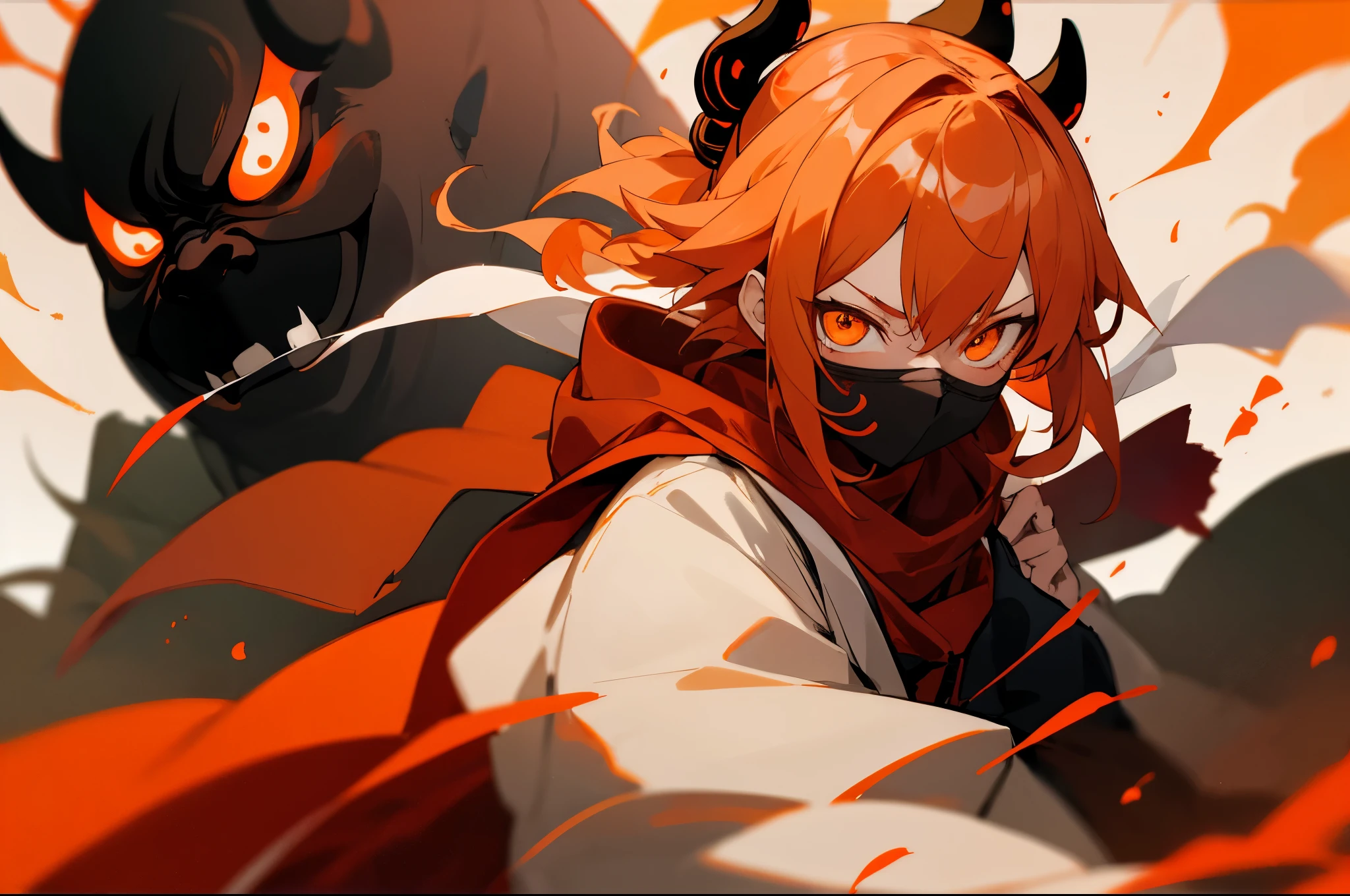 girl,,orange hair,orange eyes,glowing eyes,glowing eyes,glowing eyeig occasion,Unbelievable,serious expression,japanese oni,般若mask,mask,mask,dark night,Sense of oppression,Taoist priest,Taoist priest服,Attached spirit,Spell,rebirth,neo,red scarf