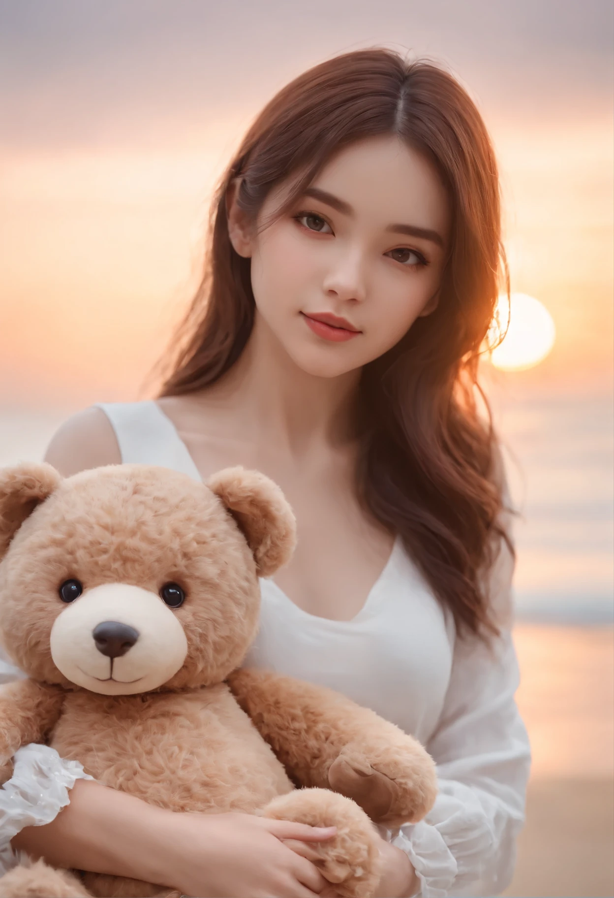 there is a woman holding a teddy bear on the beach, kawaii realistic portrait, cute anime girl, anime visual of a cute girl, smooth anime cg art, artwork in the style of guweiz, portrait of cute anime girl, cute portrait, beautiful anime portrait, beautiful anime girl, cute anime girl portrait, realistic anime 3 d style
