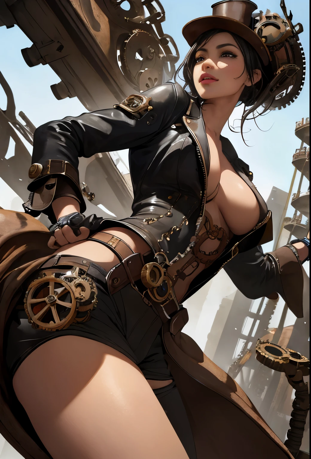 beautiful Woman, (((from below))), busy city, foreshortening, (seductive pose,big breasts, marked, cameltoe), looking at the viewer, blackcutoffs, (eye contact), African, photorealistic, masterpiece, realistic, high contrast, hyper detailed, best quality, ultra high resolution, photorealistic, high resolution, detailed, raw photo, (((steampunk style)))
