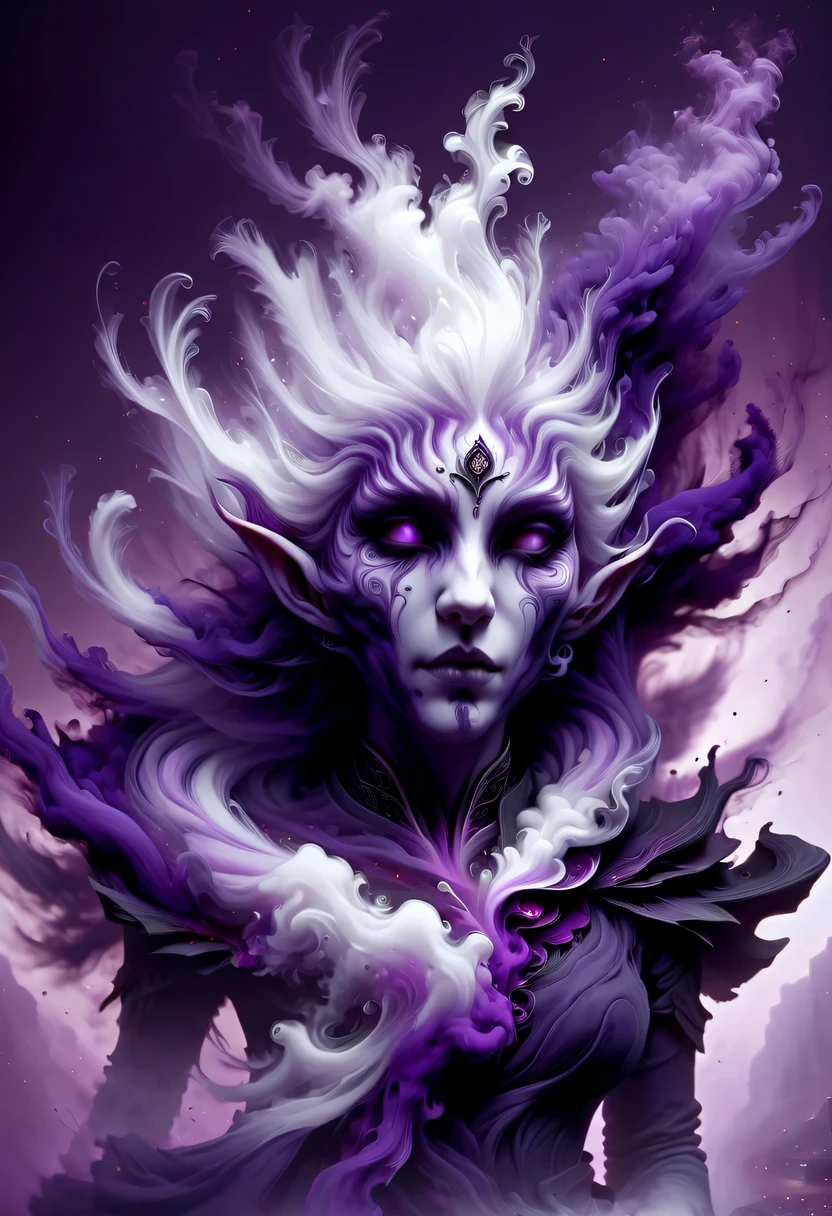 hyper detailed masterpiece, Dynamic, good quality,Liquor_dark，Elf portrait composed of purple smoke，Pointed ear elvelack skirt，white hair