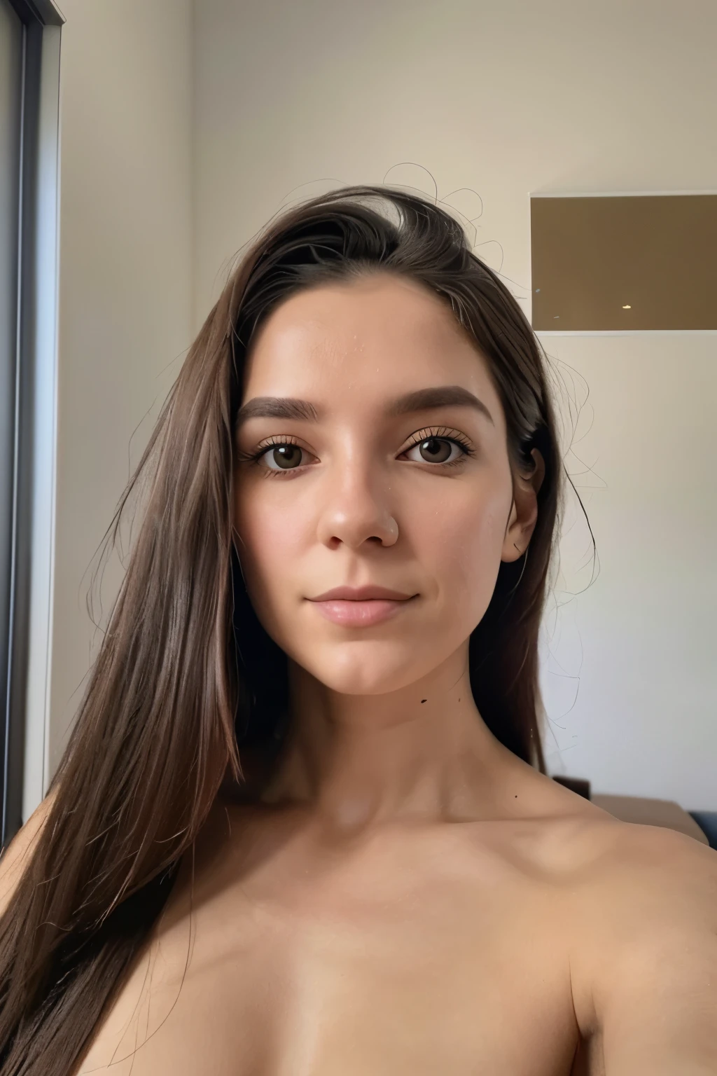 instagram selfie , a 23 year old gorgeous woman , slight smile , detailed skin face and eyes, natural lighting, front lit, at home , long hair, (topless) , film grain, low contrast, natural face , freckles , black hair , blue eyes, dark circles under eyes, in focus,