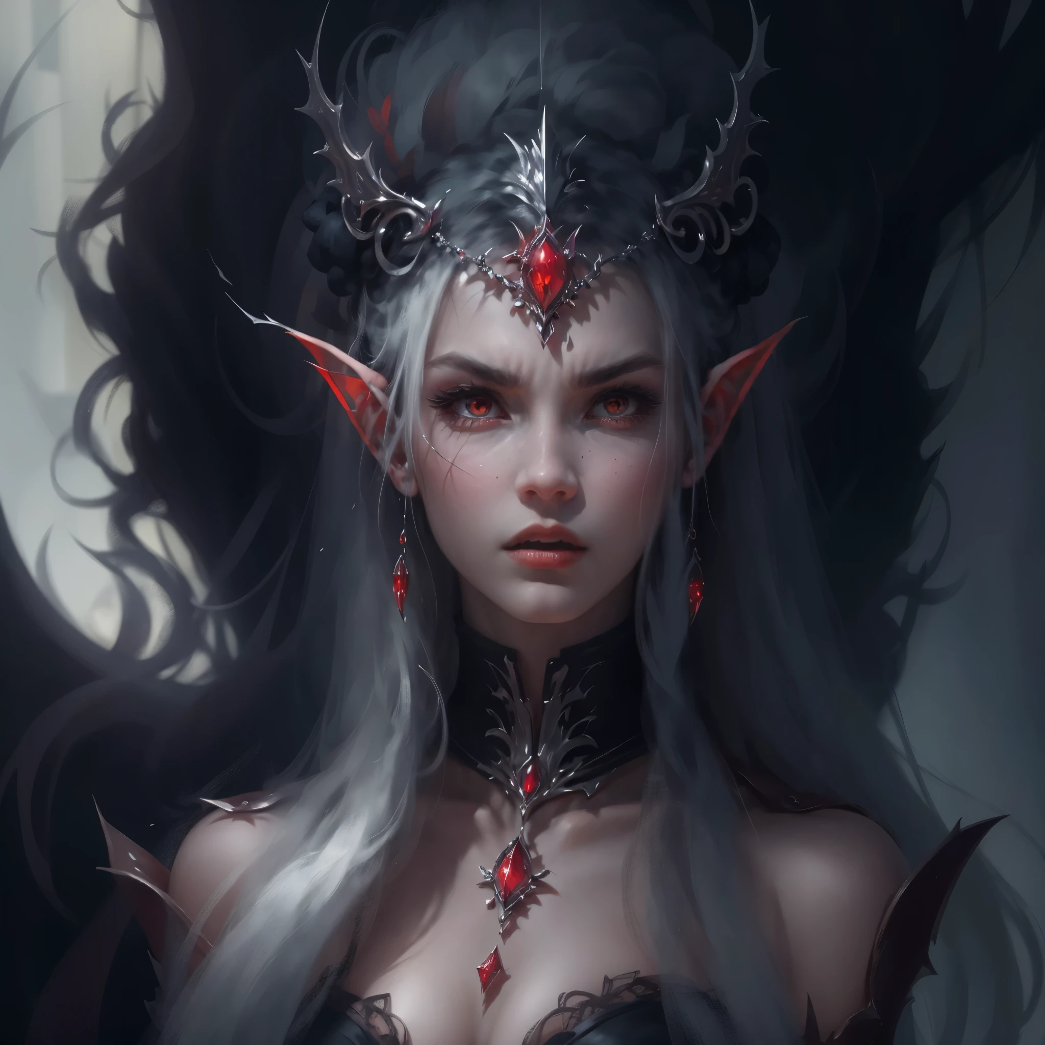 Mysterious elf vampire，portrait，She has long flowing hair，Sharp red eyes，pale skin，（elf ears），（Showing long fangs），Wear noble clothing and jewelry，Tough yet elegant，in this piece（Dark and Gothic）in art。（best quality，high resolution，masterpiece：1.2），（Super fine，clear focus），（lifelike，照片lifelike度：1.37），（bright colors，deep shadow），（With hints of crimson and deep purple），Illuminated by moonlight，Ancient site background，Bringing out the ethereal beauty and haunting atmosphere of this scene。