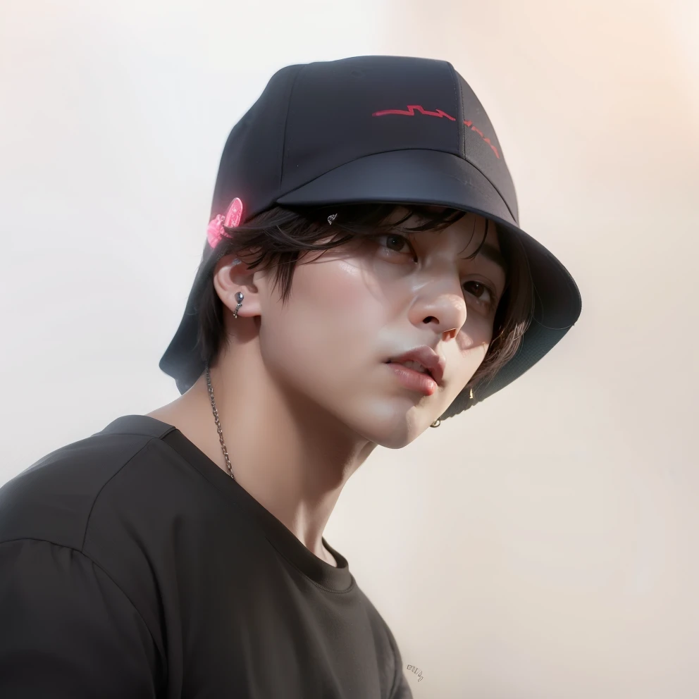 un primer plano de una persona con sombrero y camisa negra, jeon jungkook, el lleva un sombrero, jungkook, gguk, Tiene una forma de cabeza alargada, con un sombrero raro, hyung kook, con sombrero, usando un lindo sombrero, hombre surcoreano, pale korean adorable face, bts, jeongguk, Wear a baseball cap